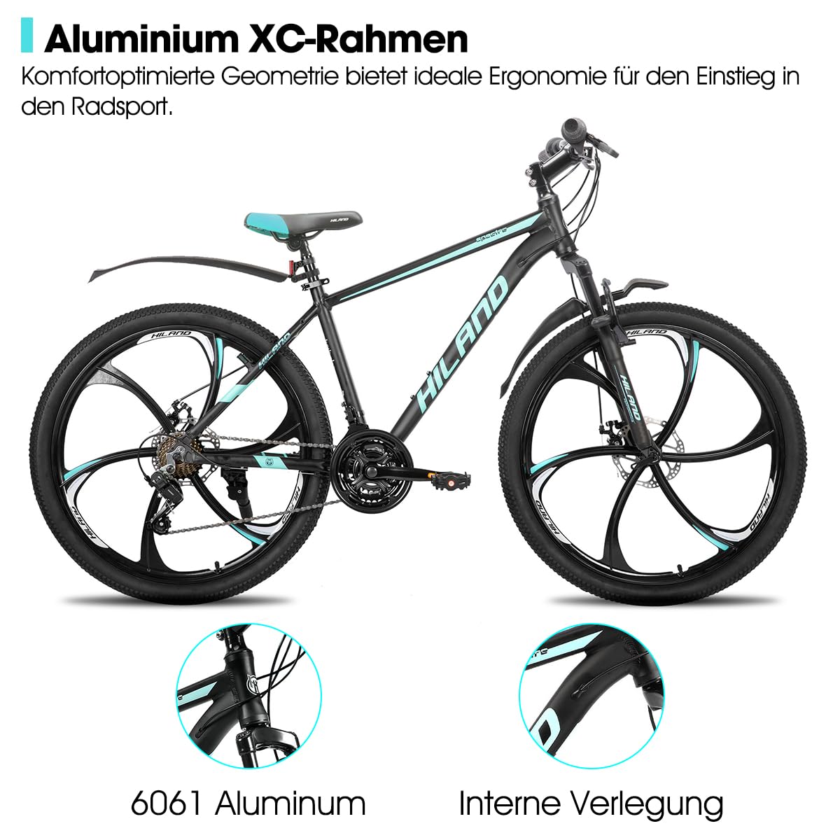 HILAND 26 Zoll Mountainbike für Erwachsene, 18-Gang MTB Fahrrad für Herren und Damen, Aluminiumrahmen, Federgabel, mechanische Doppelscheibenbremsen, 6-Speichen-Laufrad