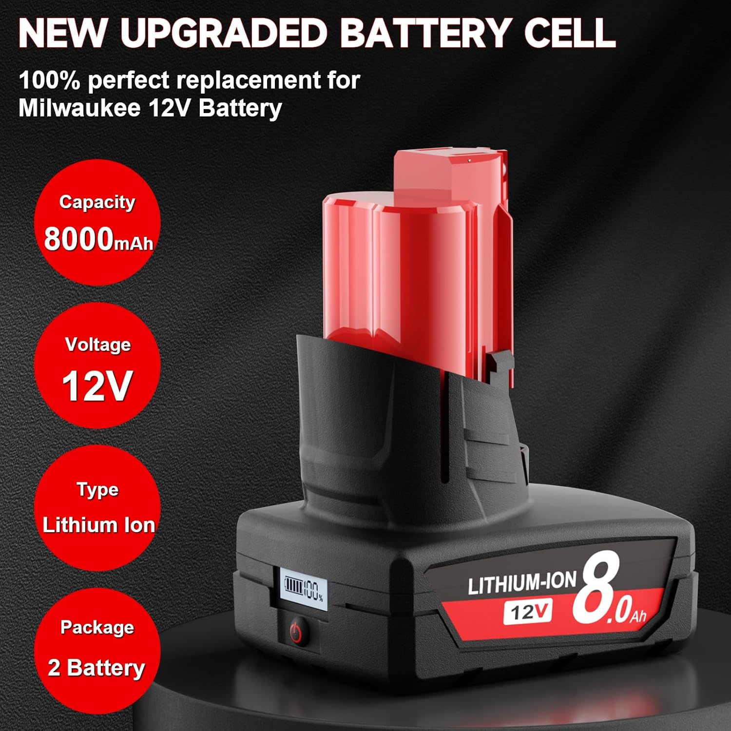 2Packs Upgraded 8.0Ah Replacement for Milwaukee M12 Battery 12V Lithium LCD Display 48-11-2401 48-11-2460 48-11-2402 48-11-2412 48-11-2411 48-11-2420 Compatible with Milwaukee 12 Volt Power Tools