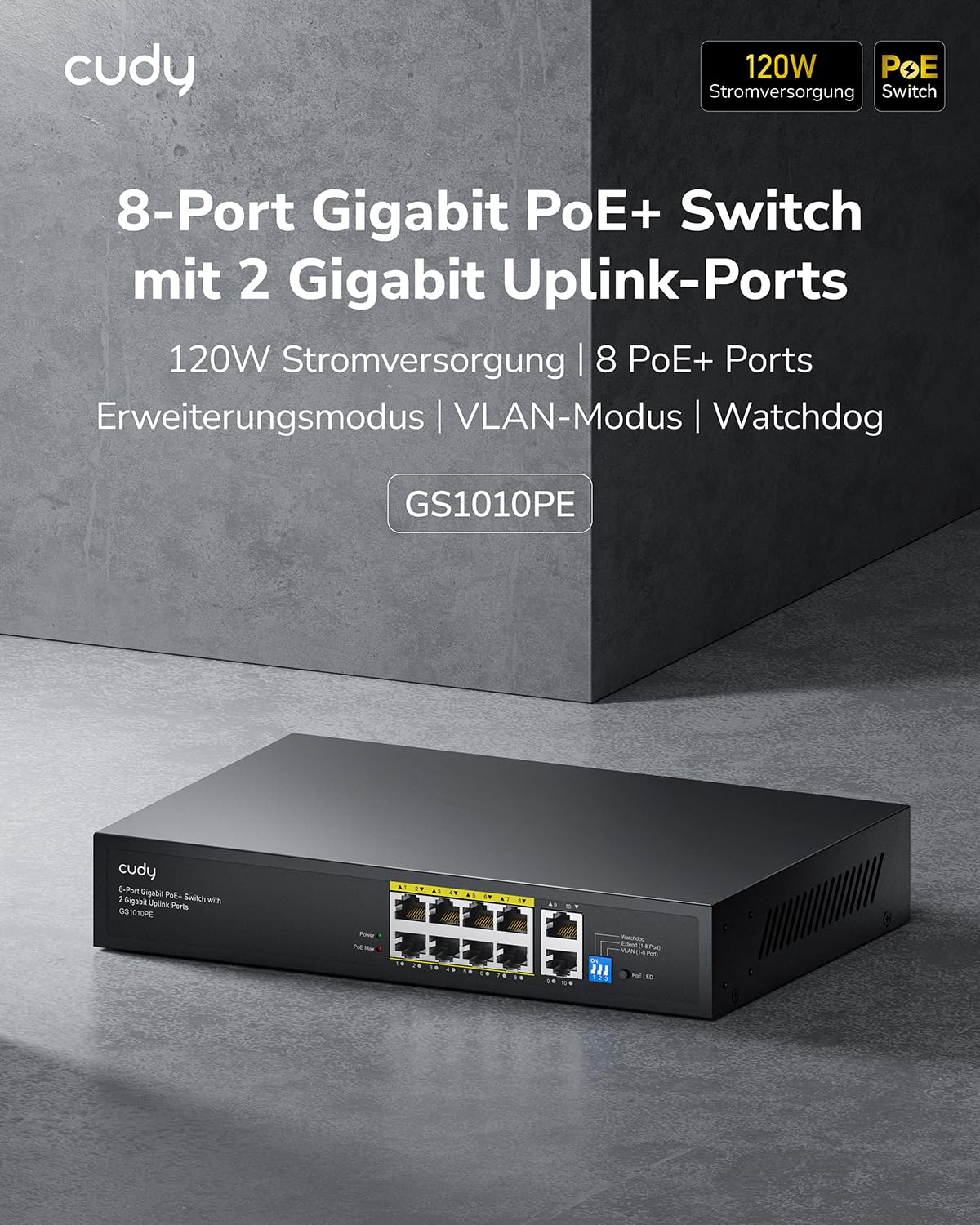Cudy GS1010PE 8 Port Gigabit Poe Switch, 120W, 2 Gigabit Uplink Anschlüsse, 802.3at/af, Plug and Play | IEEE 802.3at/af Standard, VLAN-Isolierung, PD Watchdog Auto-Recovery, Lüfterloses Metallgehäuse, IP-Kameras, WLAN APs, VoIP