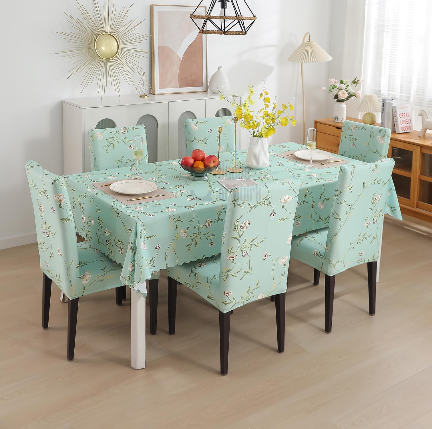 House of Quirk Polyester Dining Chair Cover with Table Covers for Kitchen Waterproof Dining Table Cloth (Green Autumn, 1 Table Cover + 4 Chair Cover), Rectangular