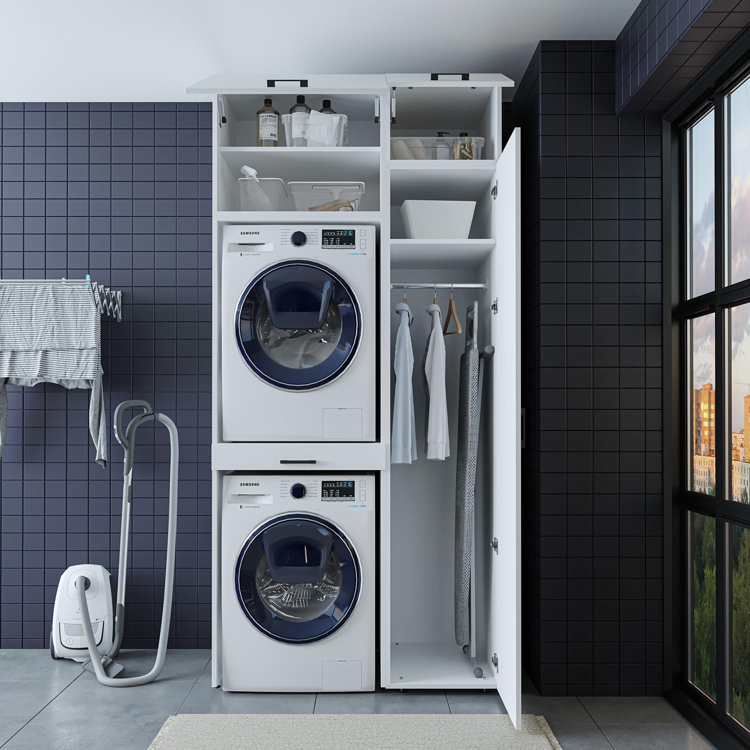ROOMART Mobile per lavatrice, serie Duo-I, larghezza 112 cm, per asciugatrice e lavatrice, in 3 colori (bianco, V2 HBT: 240 x 112 x 67 cm, 1 ripiano)