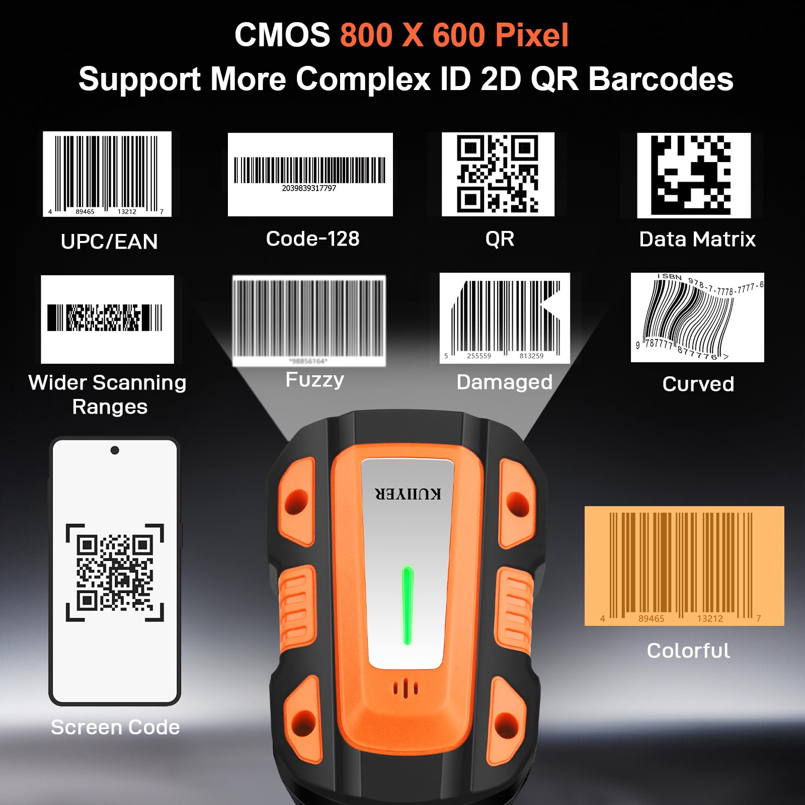 KUIIYER 1D QR 2D Industrieller Barcode-Scanner mit verbesserter Ladestation, kabellos, Bluetooth, professionelle Barcode-Scanner, USB-Plug&Play-Hand-Barcode-Lesegerät für iPhone, Android, Computer