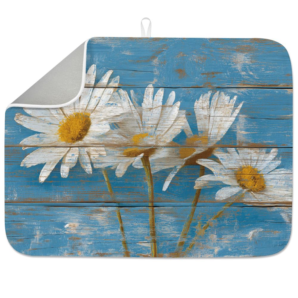 INFUNLY Daisy Flower Dish Drying Mat 45x60cm Rustic Wood Absorbent Dish Draining Mat Vintage Floral Large Heat Resistant Coffee Mats for Table Faucet Sink Coffee Bar Refrigerator
