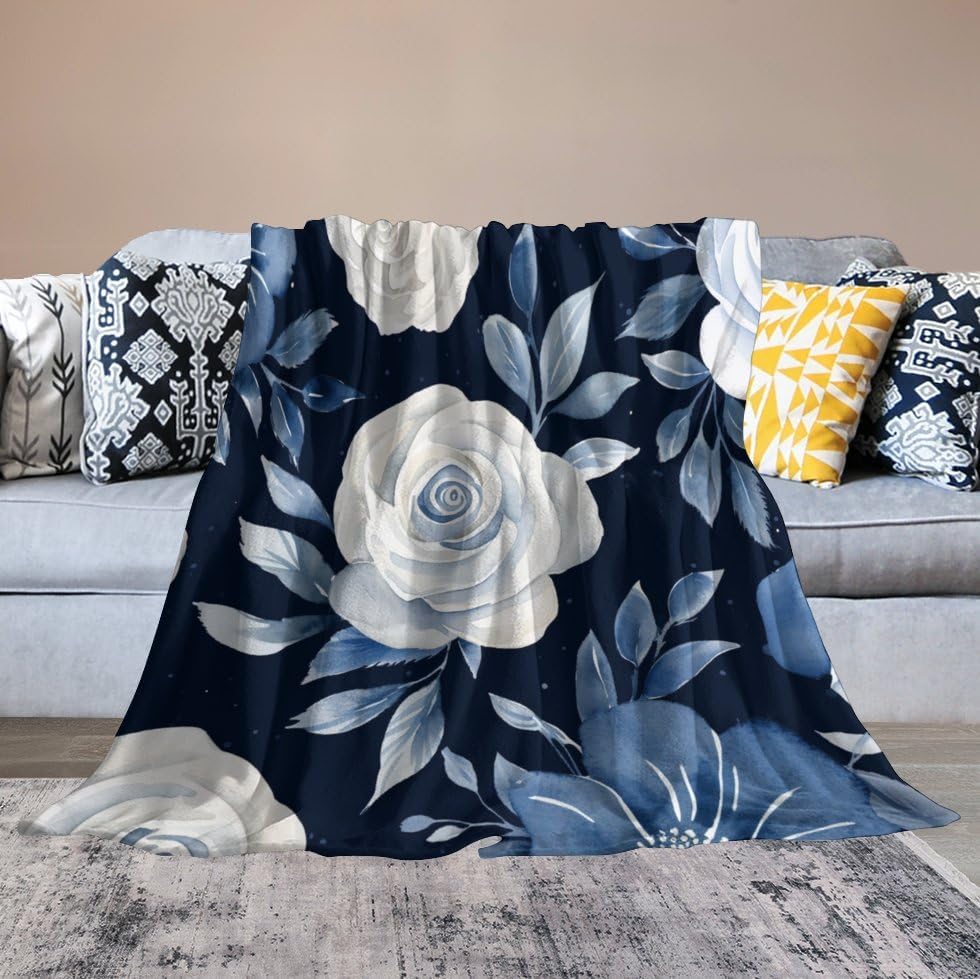 Miniatura 6 de MaSiledy Manta de flores de acuarela azul marino con rosas bohemias, color azul índigo, manta de cama de 70 x 80 pulgadas, manta ligera y mullida