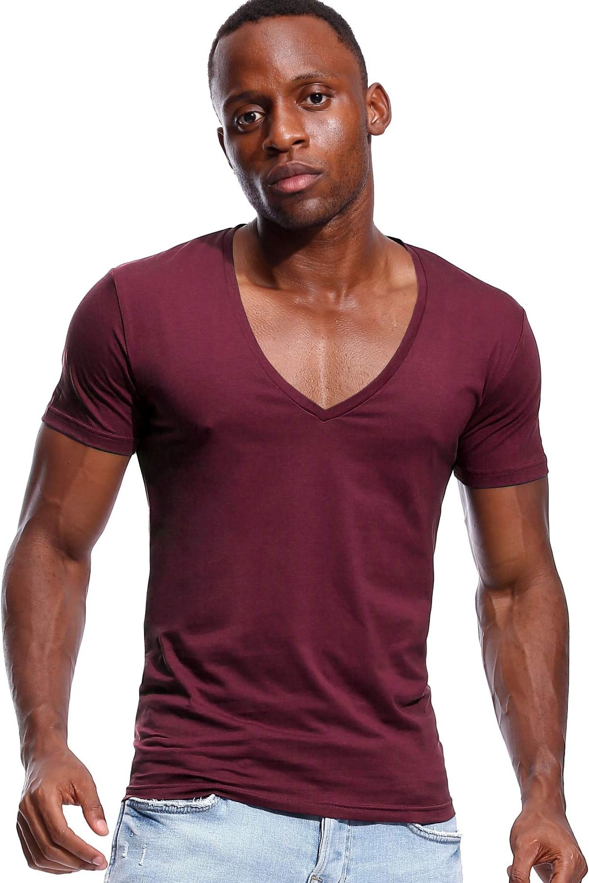 Deep V Neck T Shirt for Men Low Cut Stretch Tee Invisible Vee Top Short Sleeve