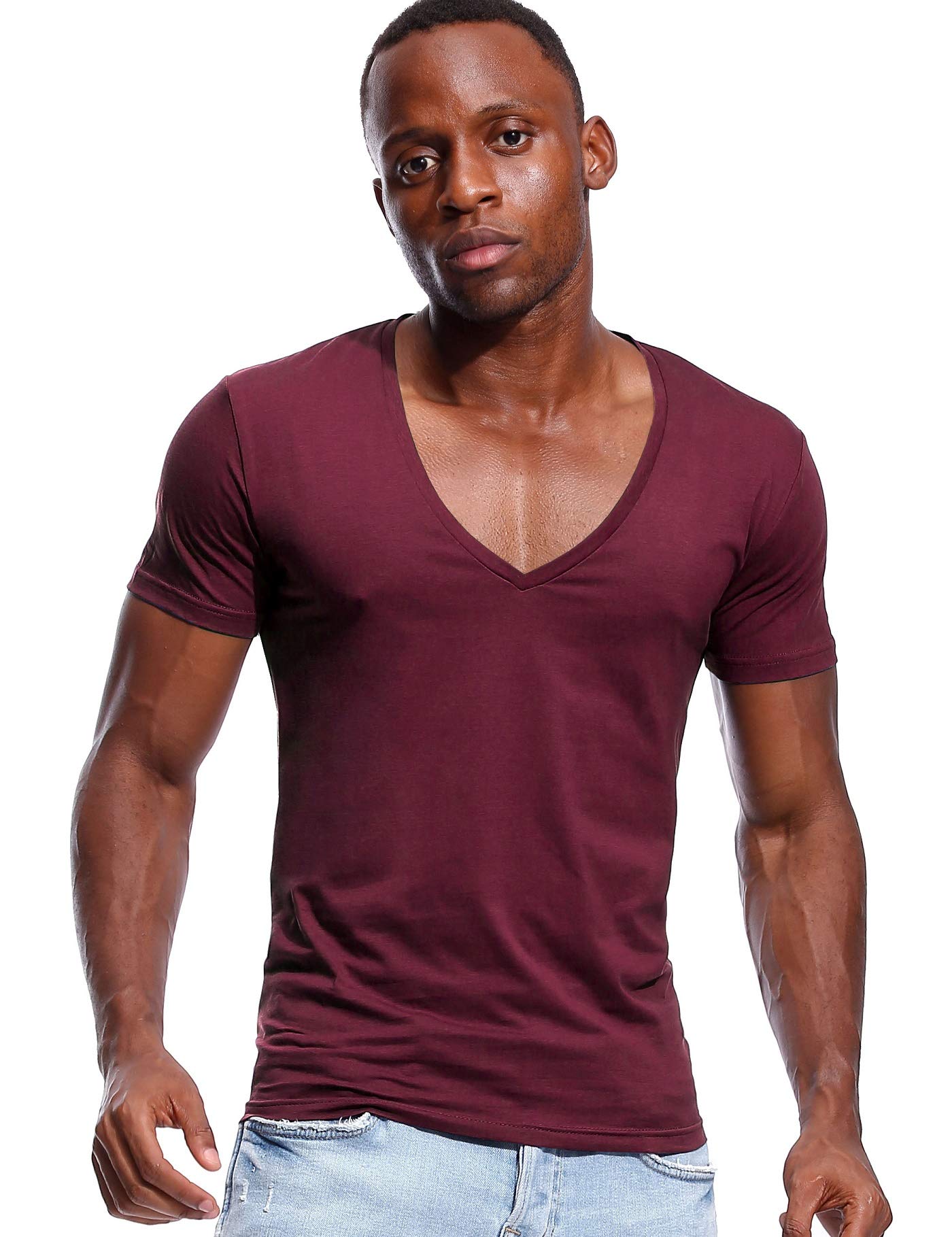 ZbrandyDeep V Neck T Shirt for Men Low Cut Stretch Tee Invisible Vee Top Short Sleeve