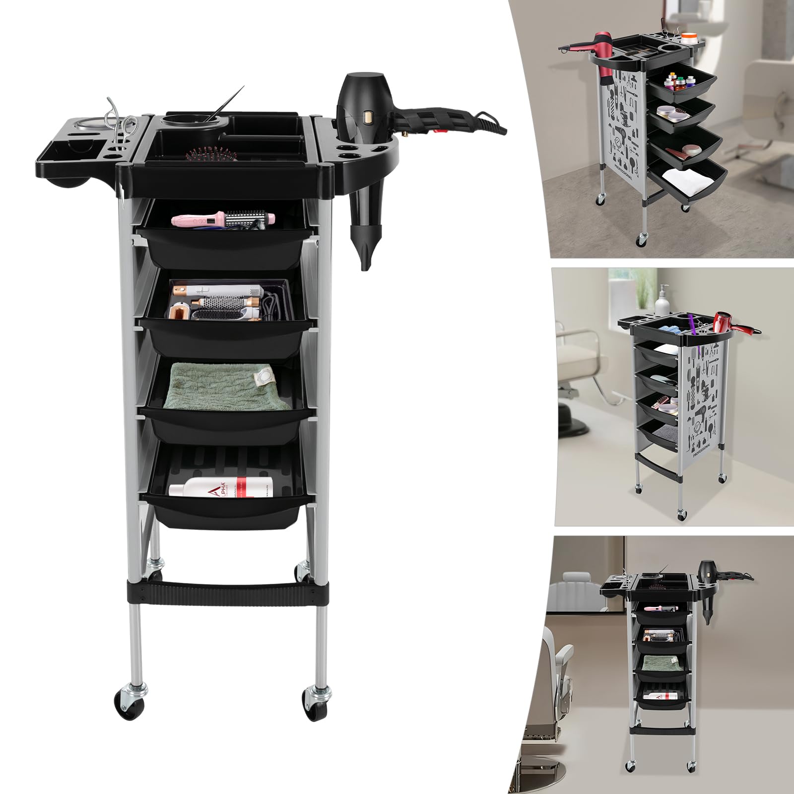 Chariot de coiffure, chariot de coiffure, avec 4 tiroirs et roulettes, tiroirs extensibles, pour stylistes, coiffeurs, spa et salons de manucure