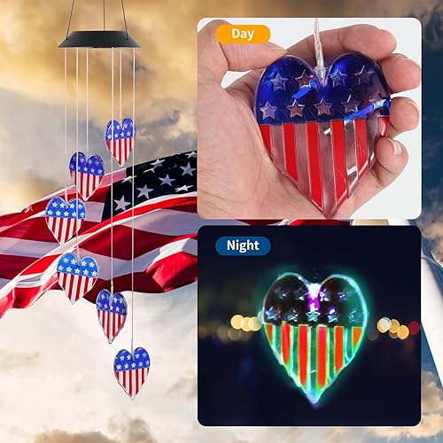 Miniatura 2 de Campanilla de viento solar con la bandera estadounidense, luz de campanilla de viento patriótica, decoración colgante, regalos para jardín al aire