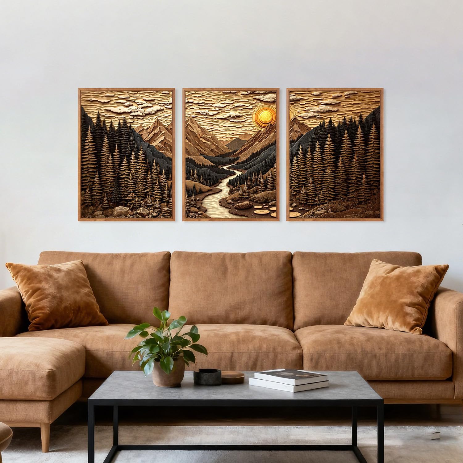 HPINUB Abstract Landscape Mountain Canvas Wall Art Set, Vibrant Sun Forest Pine Tree Wall Decor, Wilderness Nature River Rustic Scenery Art Print for Living Room,Bedroom,Office(Set of 3,12X16 Inch)