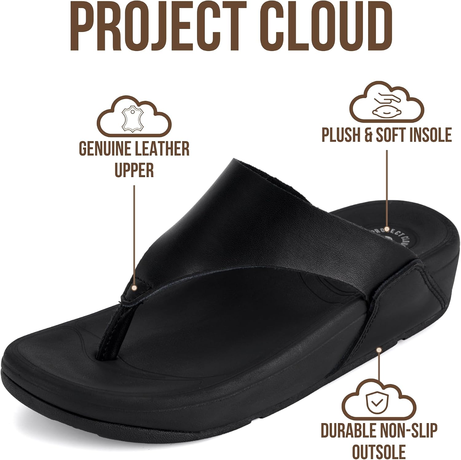 Project Cloud Genuine Leather Women’s Sandals – Thong Flip Flops with Plush Soft Insole, Arch Support & Non Slip Outsole – Comfortable Beach & Summer Slides