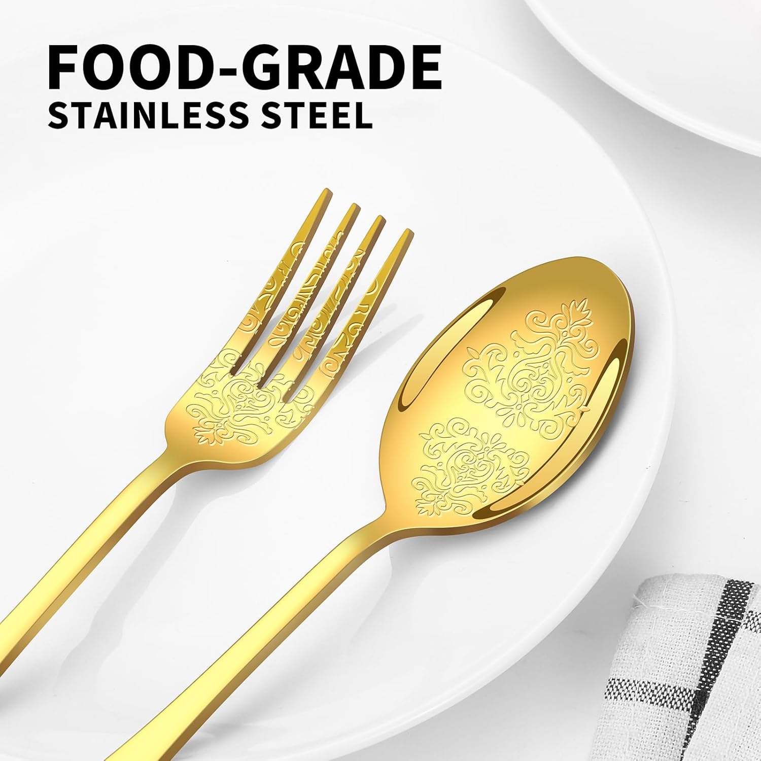 49PCS Gold Silverware Set for 8 with Flatware Drawer Organizer, Stainless Steel Cutlery Set with Steak Knives, Include Spoons and Forks Set, Carving floral patterns, Dishwasher Safe