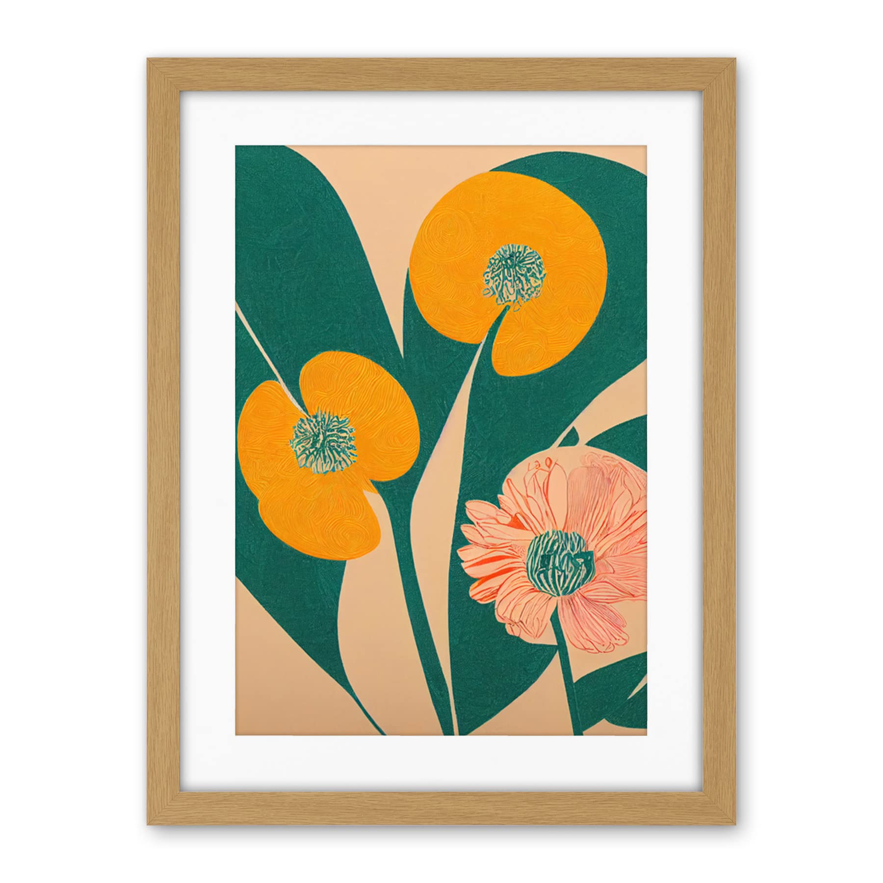 Wee Blue Coo California Poppy Flower Blooms Turquoise Leaves Bright Artwork Framed Wall Art Print 18X24 Inch