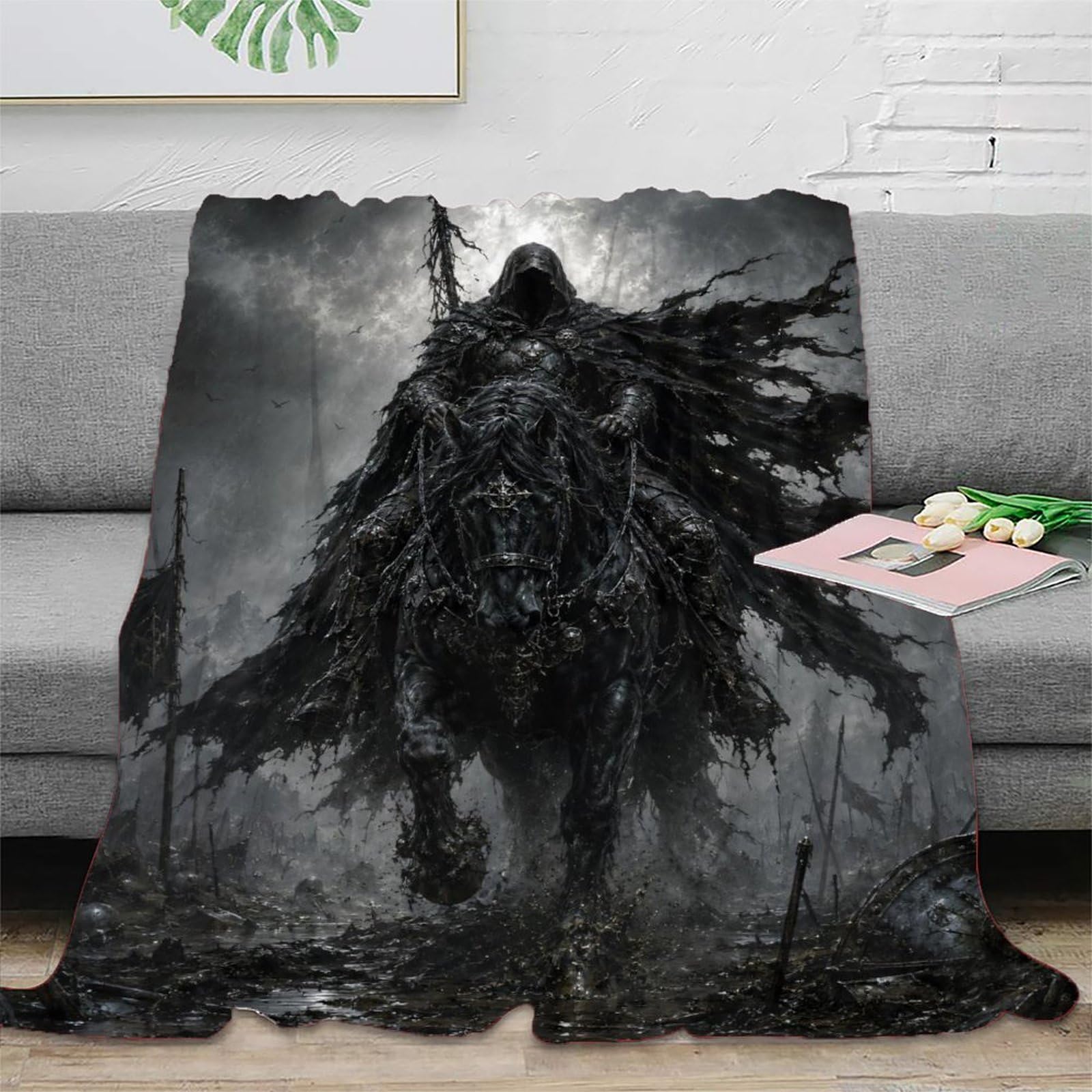 H3B8U2Y5 Black Armored Horseman Blanket, Medieval Fantasy, TV