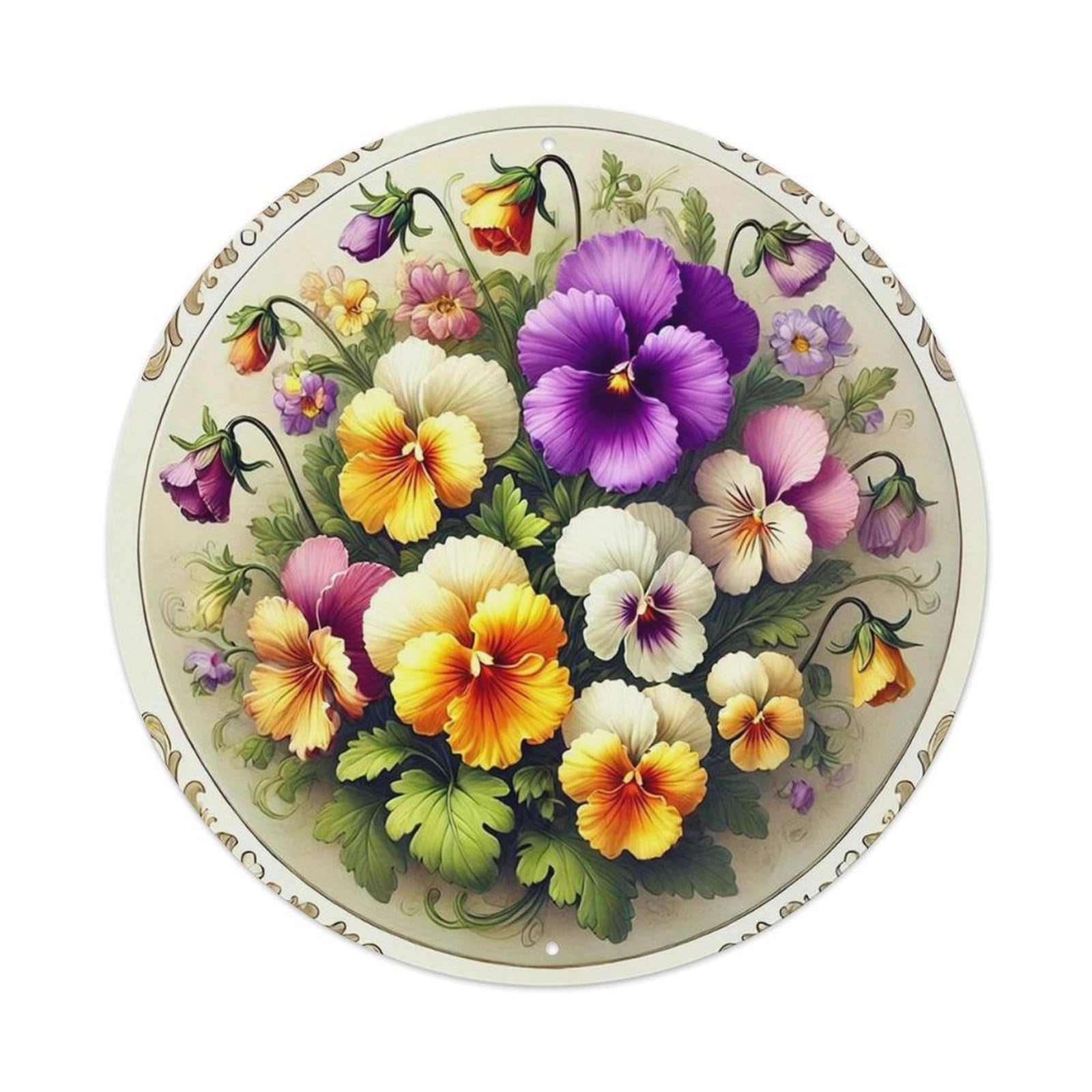 Floral Pansy Arrangement Pattern Design Tin Sign Metal Poster Vintage Metal Signs for Home Man Cave Bar Cafe Kitchen laundry room Wall Decorations Gift 8x8Inch