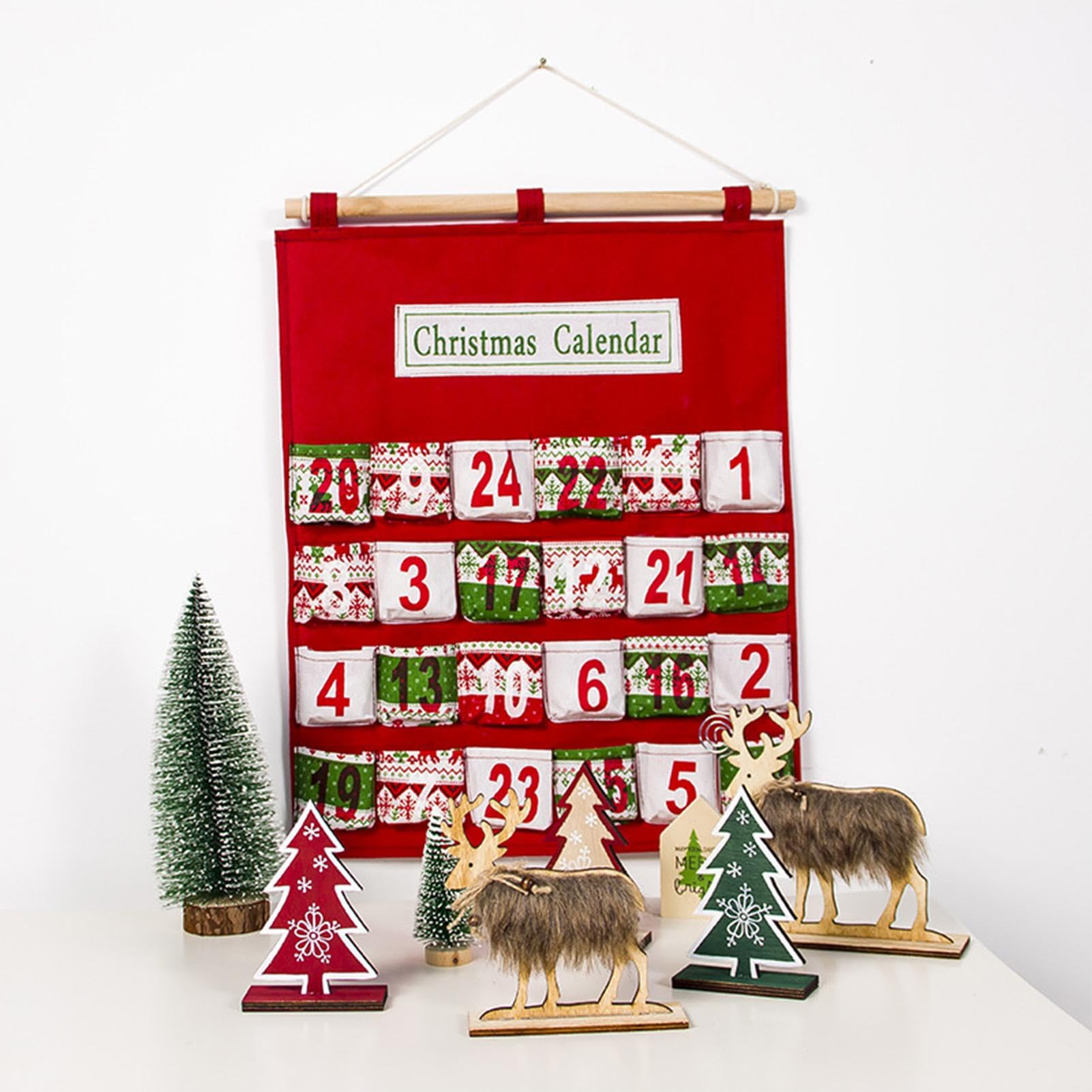 Calendrier De L'Avent En Tissu à Remplir - 24 Poches, Réutilisable - Dimensions 120 X 50 Cm - Décoration Murale De Noël (rouge)