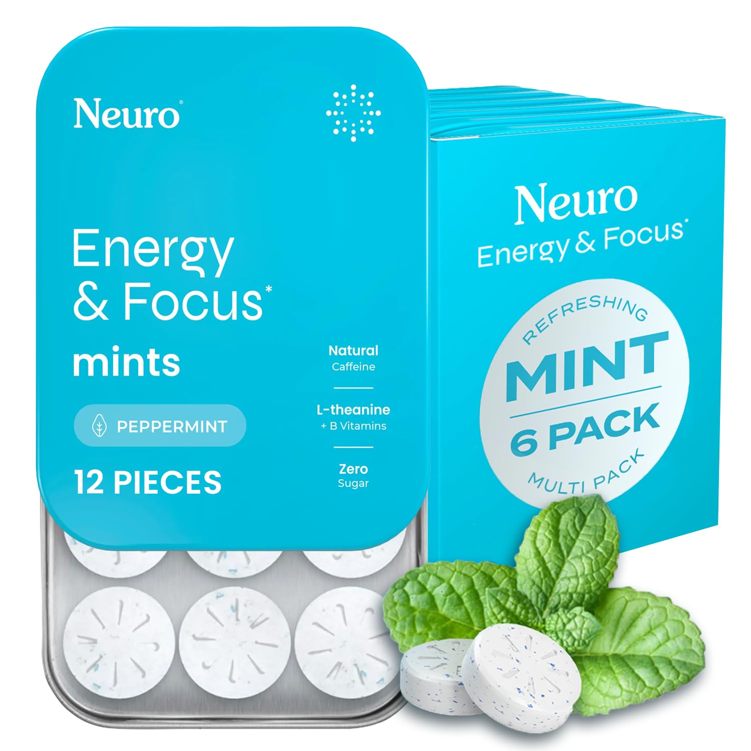 NeuroGumEnergy & Focus Mints (72 Count-6 Pack, Peppermint) | 40mg Natural Caffeine + L-Theanine + Vitamin B12 & B6 | Sugar Free Nootropic Cognitive Brain Performance Supplement