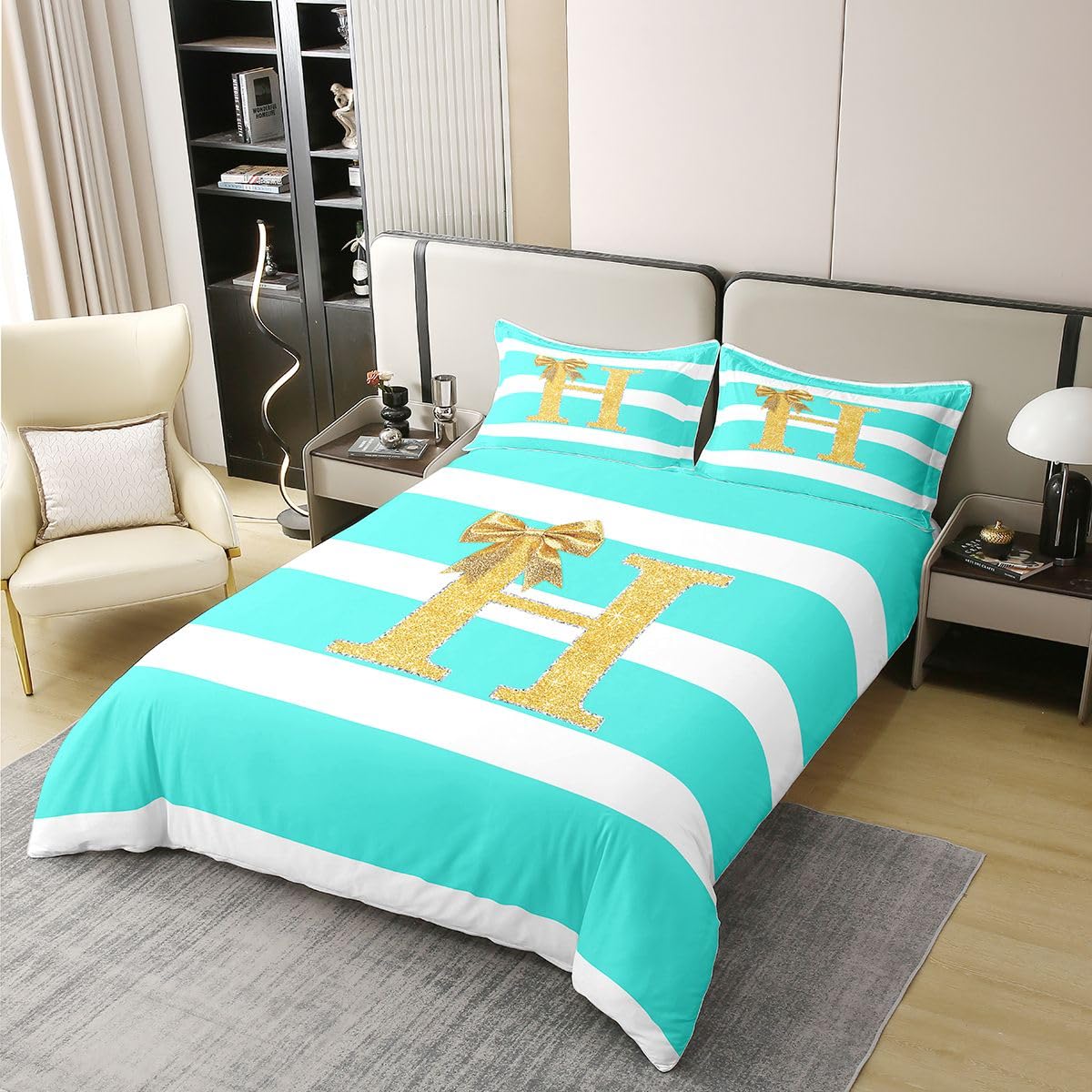 Homewish Monogram litera H King pościel złota kokardka dziewczyny bawełna poszewka na kołdrę zestaw spersonalizowane początkowe paski poszwa na kołdrę księżniczka muszka zestawy łóżek