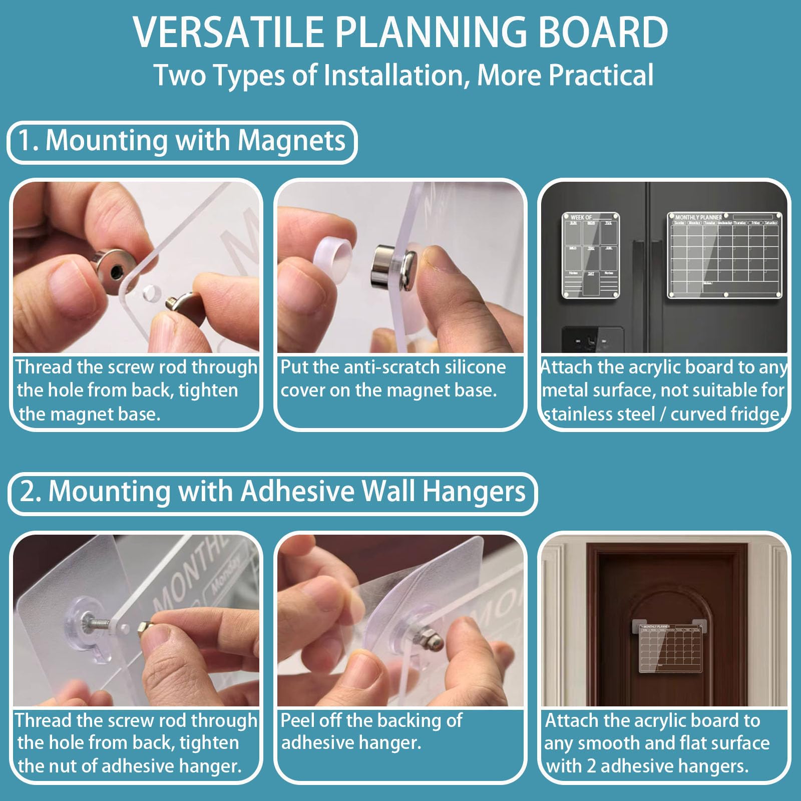 Acryl Magnetischer Kalender für Kühlschrank, 2 Stück, Transparenter Abwischbar Monats- und Wochenkalender Planungstafel für Kühlschrank, mit 6 Farbmarkern, Stifthalter und Handtuch