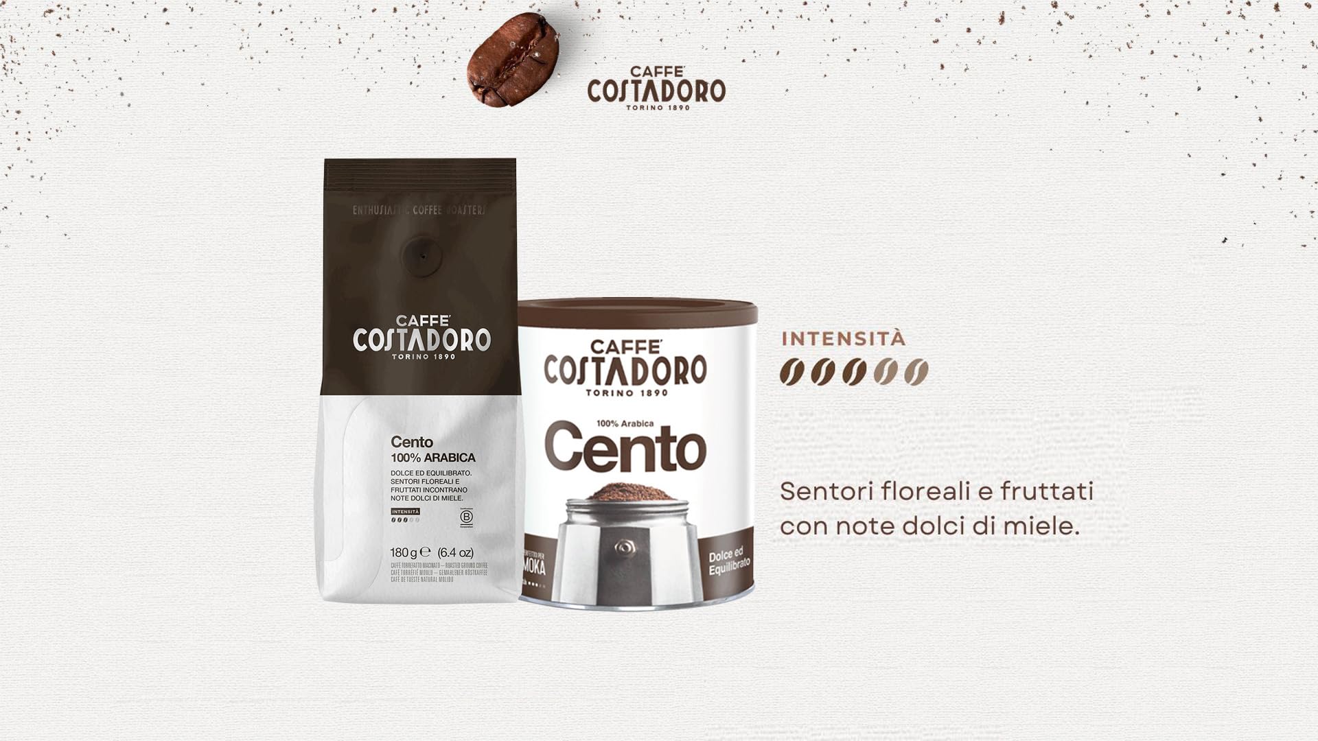Costadoro Cento – kawa mielona 100% Arabica do kawiarki moka, o słodkim i zrównoważonym smaku, zestaw 6 × saszetki 180 g + 1 × puszka 250 g, wyprodukowano we Włoszech