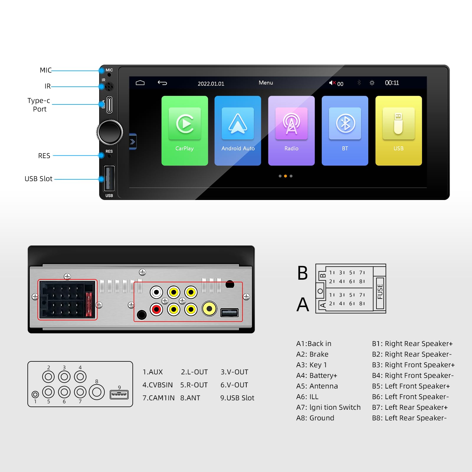 Autoradio 1 Din 6.86 Pollici con CarPlay e Android Auto Wireless Bluetooth | Schermo IPS MP5 fotocamera posteriore radio FM AM USB-C ricarica rapida e controllo volante per guida quotidiana