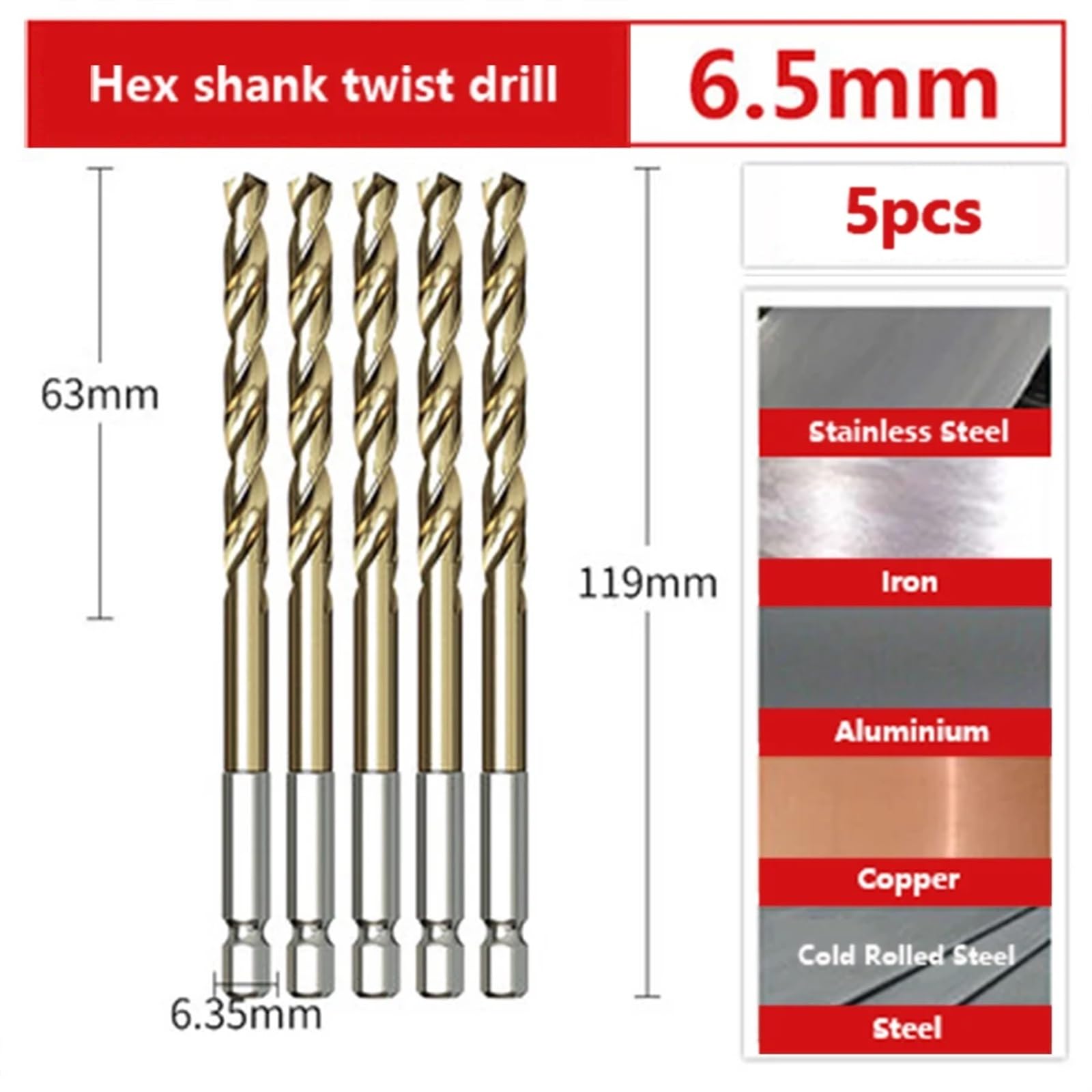 Punta da trapano con impugnatura esagonale, speciale in acciaio inossidabile, manico dritto, in acciaio rapido, apriscatole, 1 pezzo(6.5mm 5pcs)