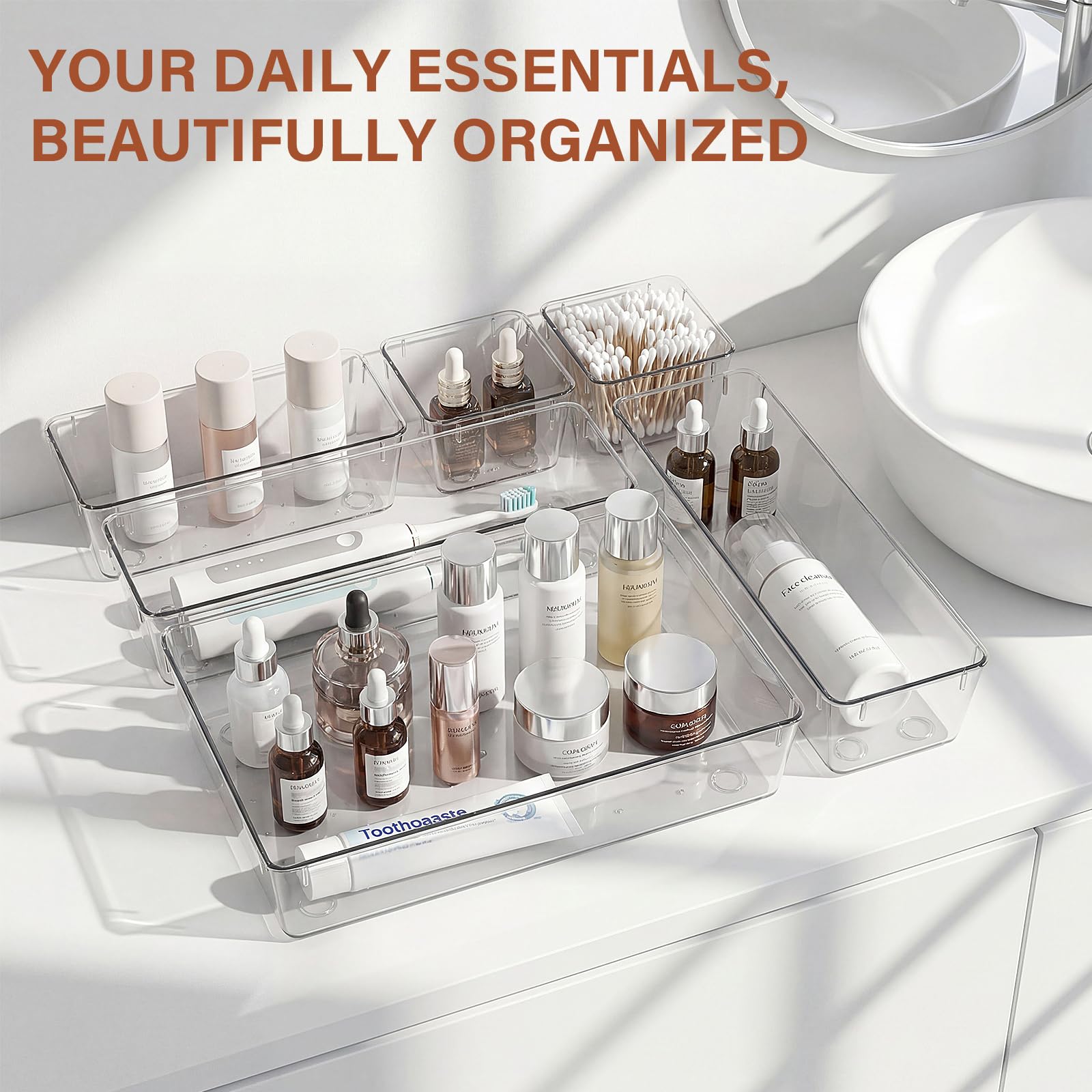 Hymony Organizadores de Cajones 15 Piezas con 4 Tamaños, Organizador de Maquillaje para Tocador, Cajas Transparentes para Escritorio y Baño — view 6