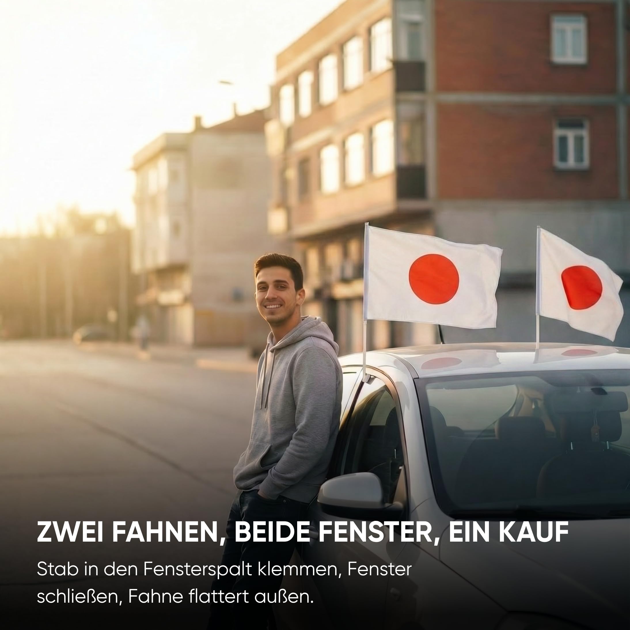 Auto Fahnen Japan Set - Motorhauben Fahne & 2 Autofahnen für Fenster, Fußball Fanartikel FZG für EM & WM, Japanische Flagge Deko Set