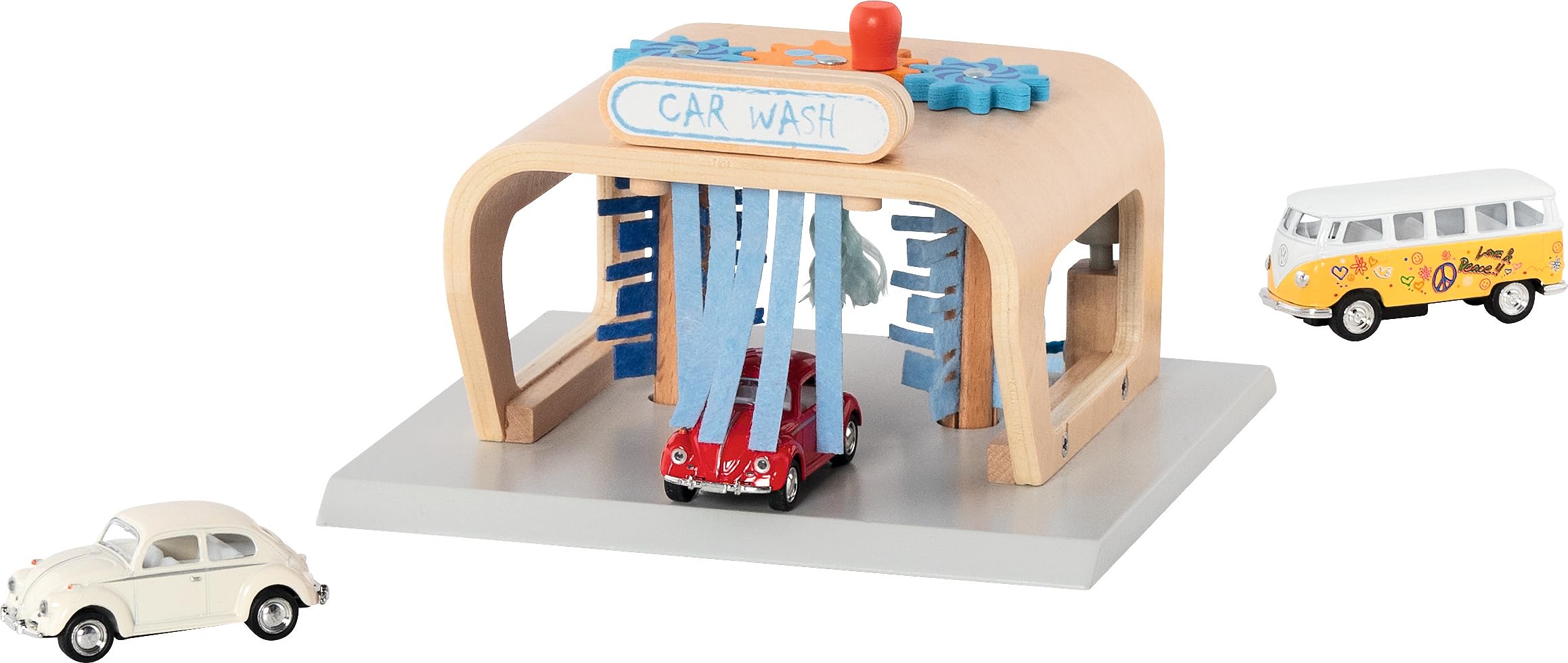 goki 53779 Waschanlage PowerClean, Autowaschanlage aus Holz – Spielset mit Bürsten, Filzvorhängen & Sprühdüse, ca. 16 × 16 × 10 cm