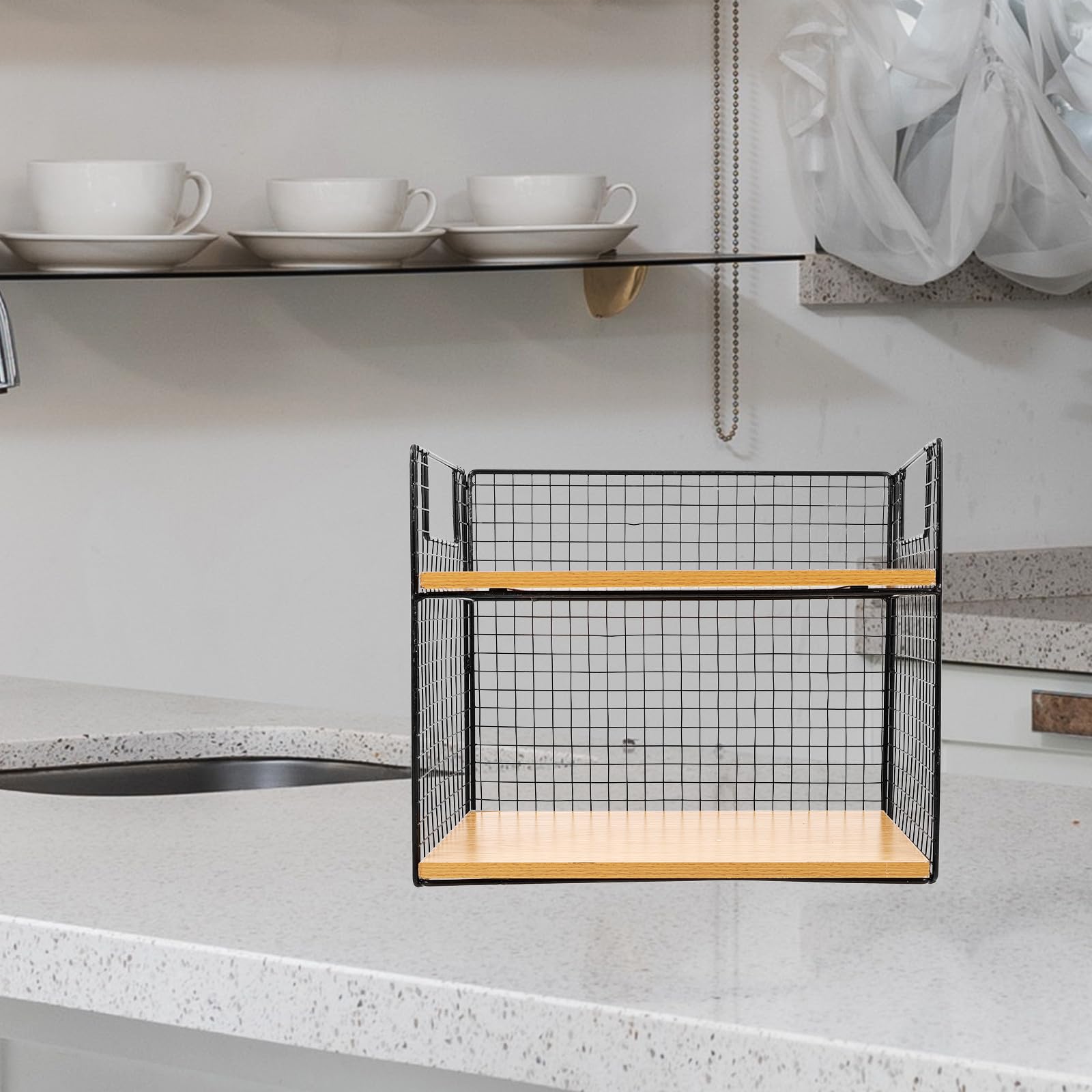 Praktisches 2-stufiges Küchenregal aus Metall und Holz mit Arbeitsplatte Vielseitiges Aufbewahrungsregal für Snacks und Tassen Am Esstisch oder Schreibtisch
