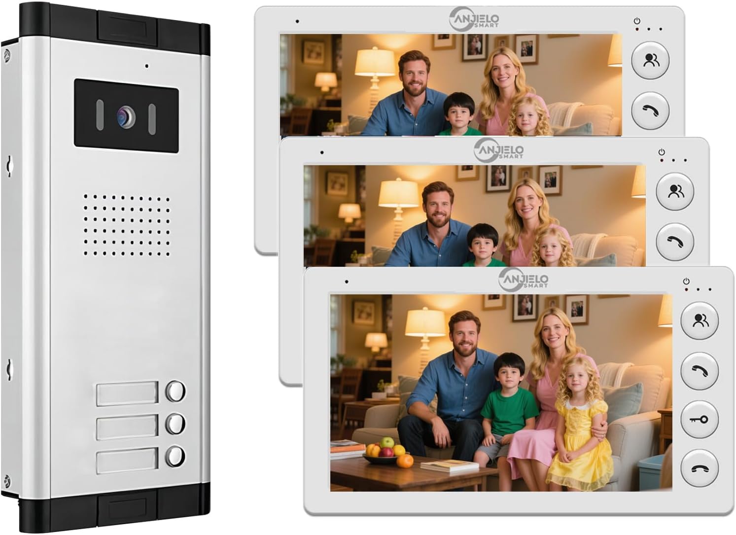 Wired Video Apartment Intercom System,2/3/4/5/6/8/10/12 Units Family 7 inch Monitor Video Door Phone Kit,Indoor Outdoor Video Doorbell,2 Way Audio for Home (1 Doorbell + 3 Monitor)