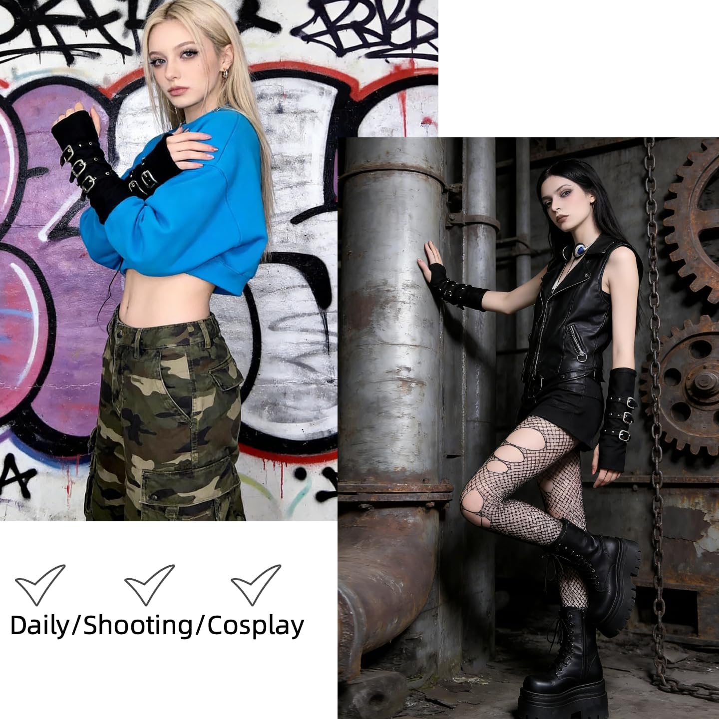Y2K Punk Buckle Fingerless Arm Sleeves – Gothic Metal Buckle Arm Warmers, Grunge Emo Cosplay Party Accessories