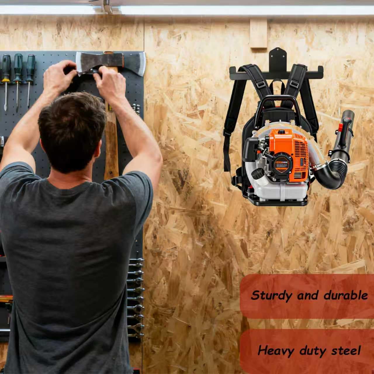 Backpack Leaf Blower Hanger, Heavy Duty Wall Mount with Utility Hooks for Garage, Supports 300 lbs for Weed Eater, Sprayer, Chainsaw & Tool Organizers (2-Pack, Black)