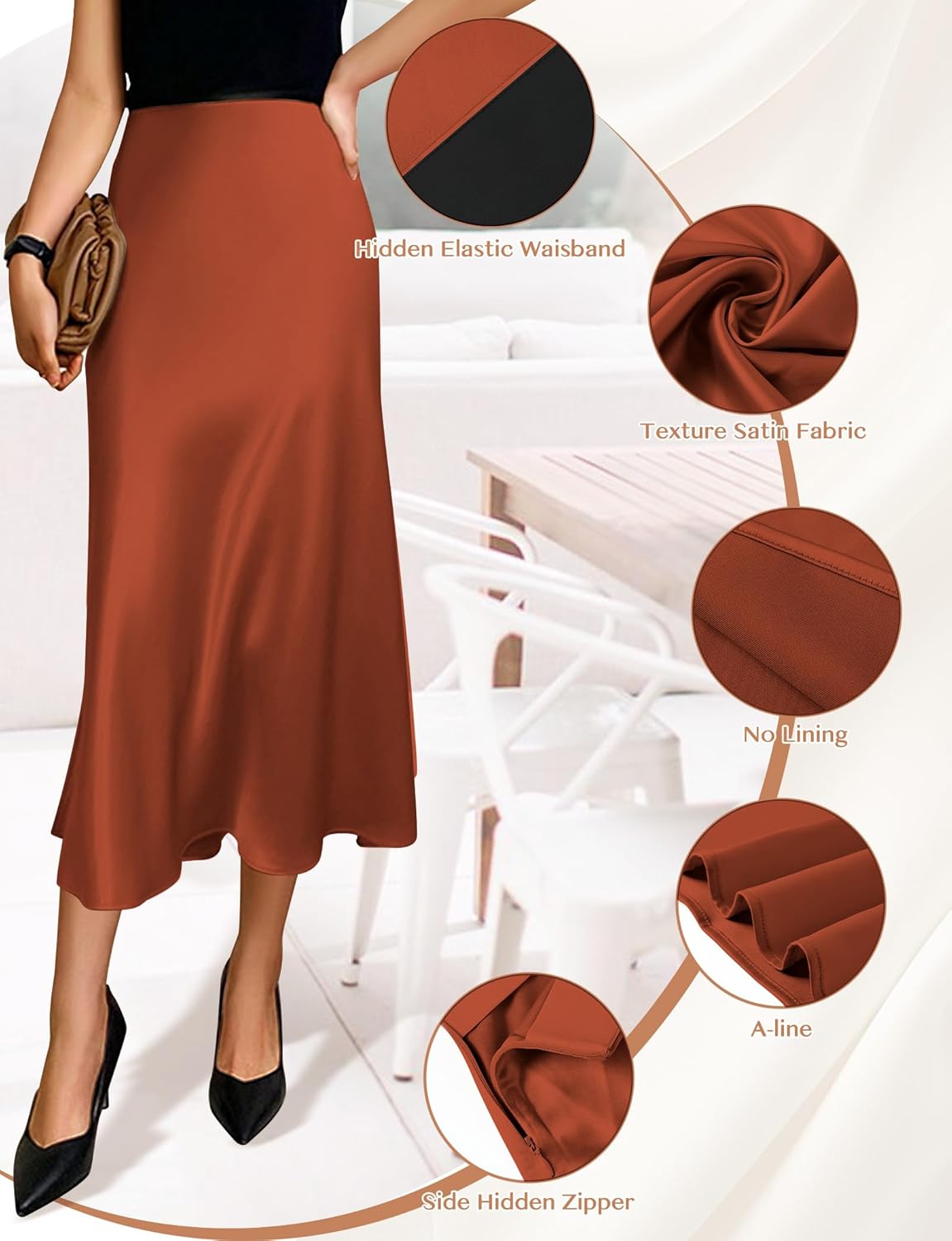 Women's Midi Satin Skirts, High Waisted Zipper Silk Elastic Long Skirt for Women Elegant Trendy - Image 3