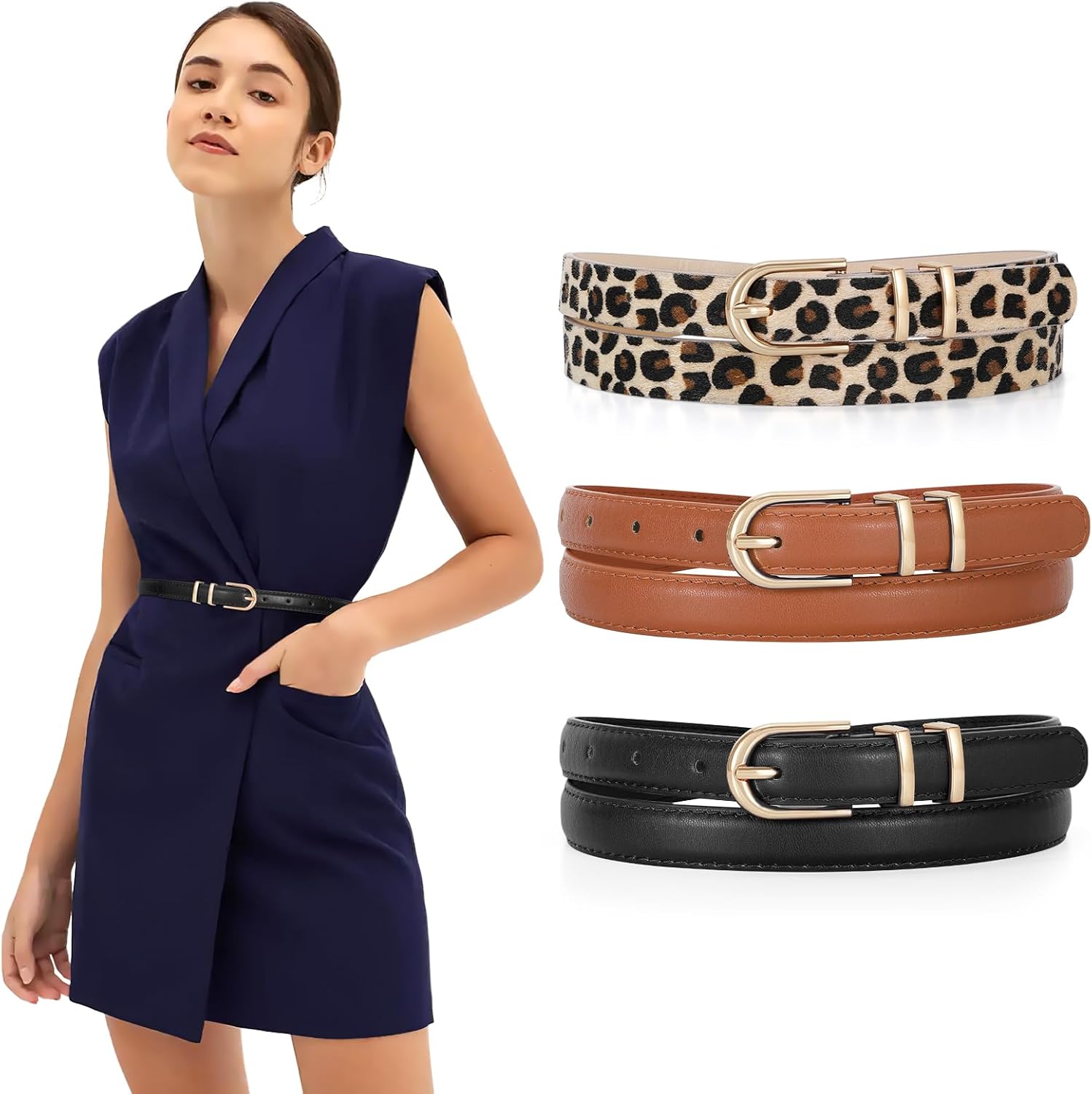 JASGOOD 3 Pack Womens Skinny Leather Belt for Jeans Thin Leather Fashion Ladies Waist Belt with Gold Buckle for Dress Pants - Image 2