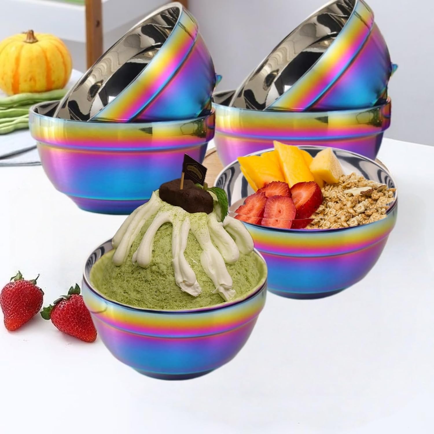 Rainbow Bowl Set of 6 with Lids, Stainless Steel Dinnerware Metal Double-walled Insulated Cereal Bowls for Eating Kitchen, Dishwasher Safe and Unbreakable