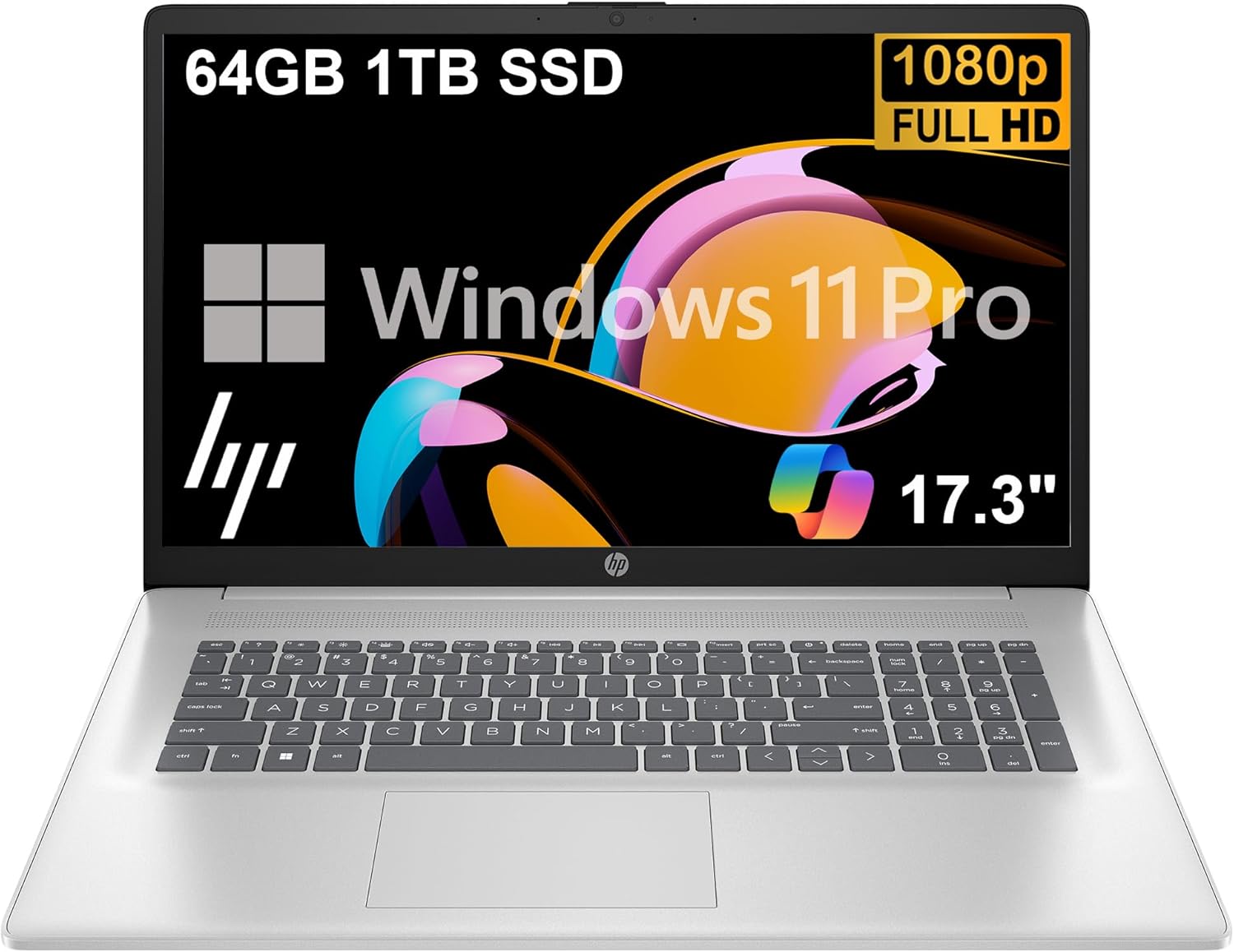 HP 17 Laptop (17.3" FHD Anti-Glare, 64GB RAM, 1TB SSD, AMD Ryzen 5 7430U (> Intel i5-1334U)), Webcam, Long Battery Life, Fast Charge, Numeric Pad, Win 11 Pro w/AI Copilot, Business & Student  Silver