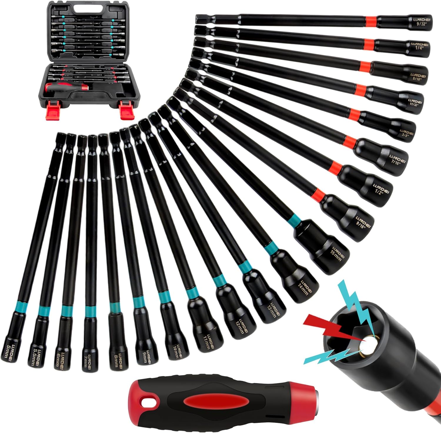 LLNDEI 21-Piece Magnetic Nut Driver Set - SAE (1/4" to 9/16") & Metric (5mm to 15mm) Nut Driver Set with Non-Slip Grip Handle - Upgrade Cr-V Magnetic Socket set for Secure Fastening in Tight Spaces