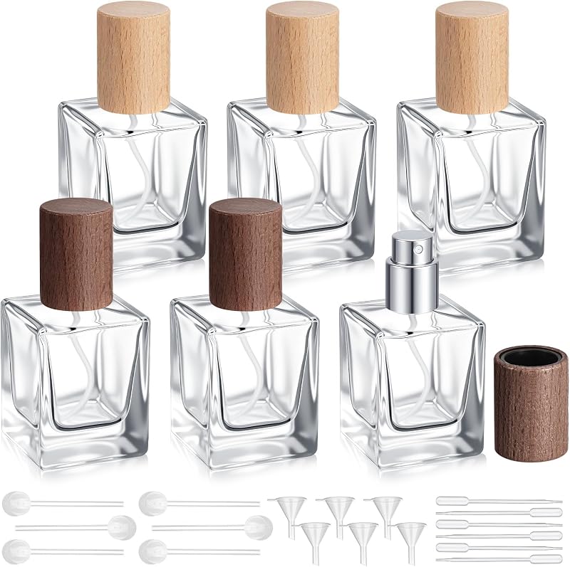 Teenyyou 6 Frascos Quadrados Recarregáveis para Perfume, 30 mL, Tampa de Madeira de Faia