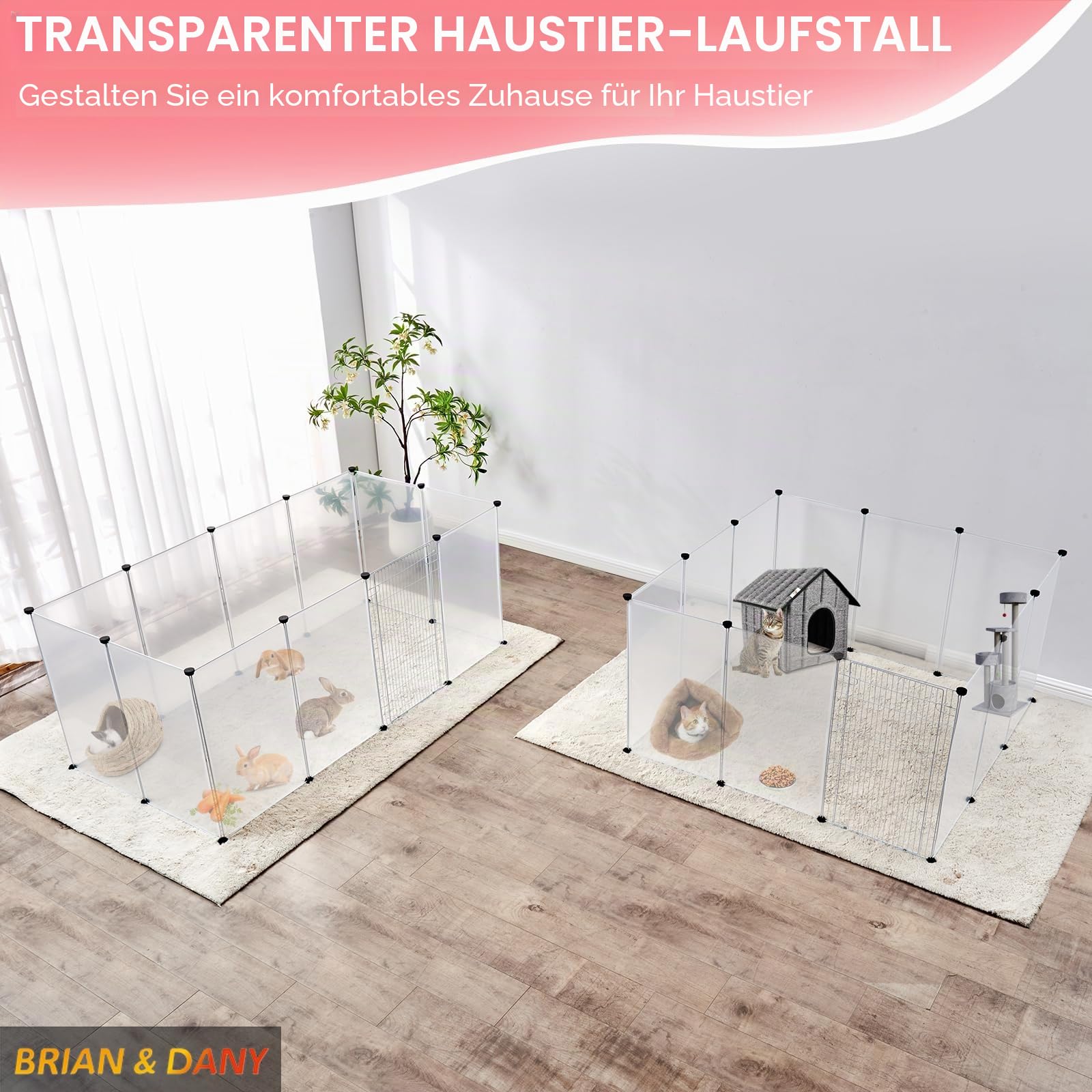 BRIAN & DANY Kleintiergehege, Laufstall Kleintiere Gehege für Kleintiere, Freigehege für Kaninchen, Welpe, Meerschweinchen - 12 Platten 180 x 90 x 75 cm