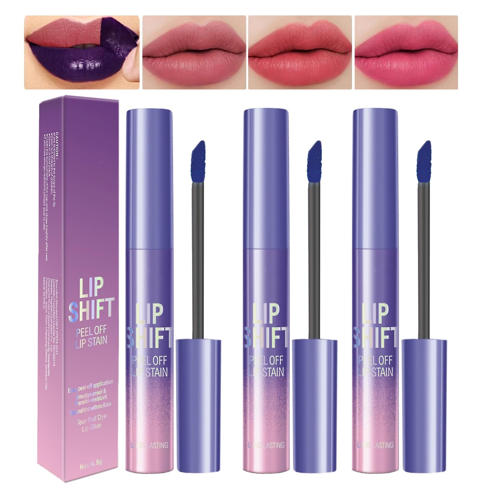 3 Colors Lip Stain Peel Off - Long Lasting, Waterproof and Transfer Proof Pink Lip Tint, Matte Finish Peel Off Lip Makeup for woman
