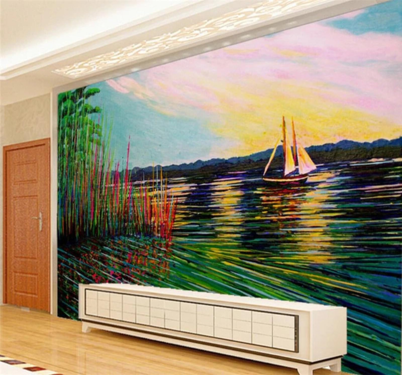 Wallpaper-3D-Xlm 400Cm×280Cm(B×H) Hand Painted Watercolour Lake Small Boat Scenery 3D Wallpaper Easy Install Feature Office Living Room Sofa Bedroom Tv Background Wall Decoration-400Cm×280Cm
