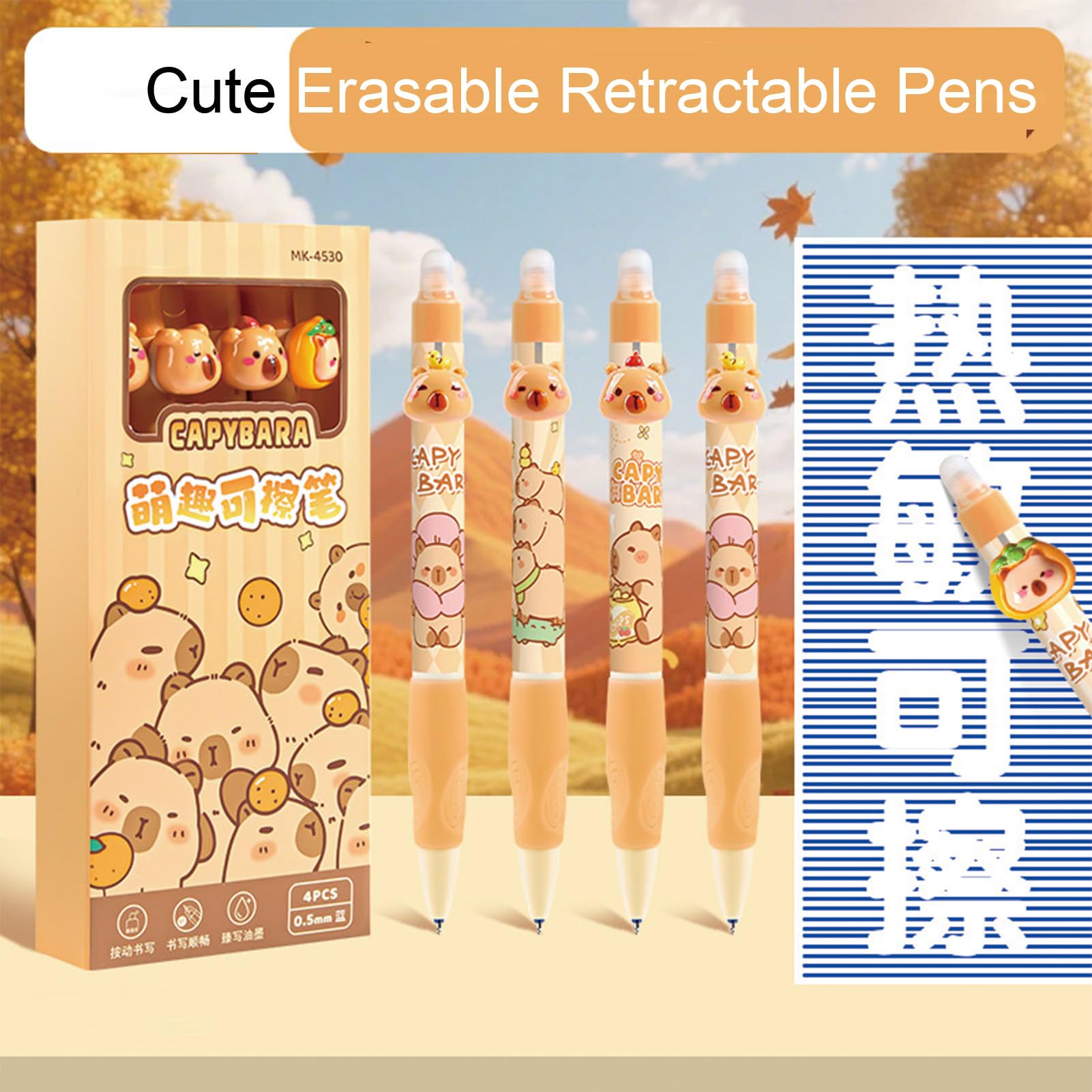 MOZXIRZ 4 penne gel cancellabili retrattili, a forma di capybara, punta fine da 0,5 mm, inchiostro blu, scrittura liscia, per donne, ragazze, ragazzi, ufficio e scuola (inchiostro blu capibara)