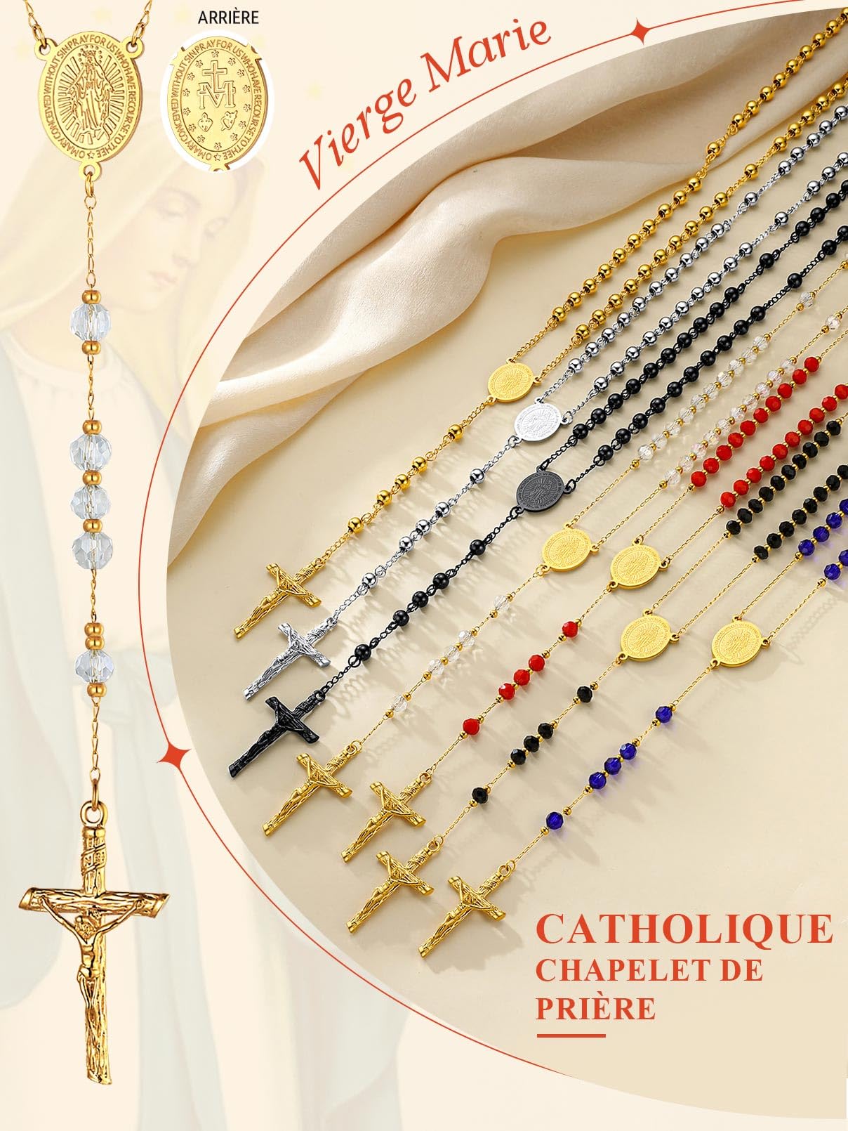 FaithHeart Collier Chapelet Catholique en Acier Inoxydable pour Femme Homme, Chaîne de Rosaire 66cm avec Médaille de Vierge Marie et Pendentif Crucifix, Cadeau Bijou pour Communion et Baptême