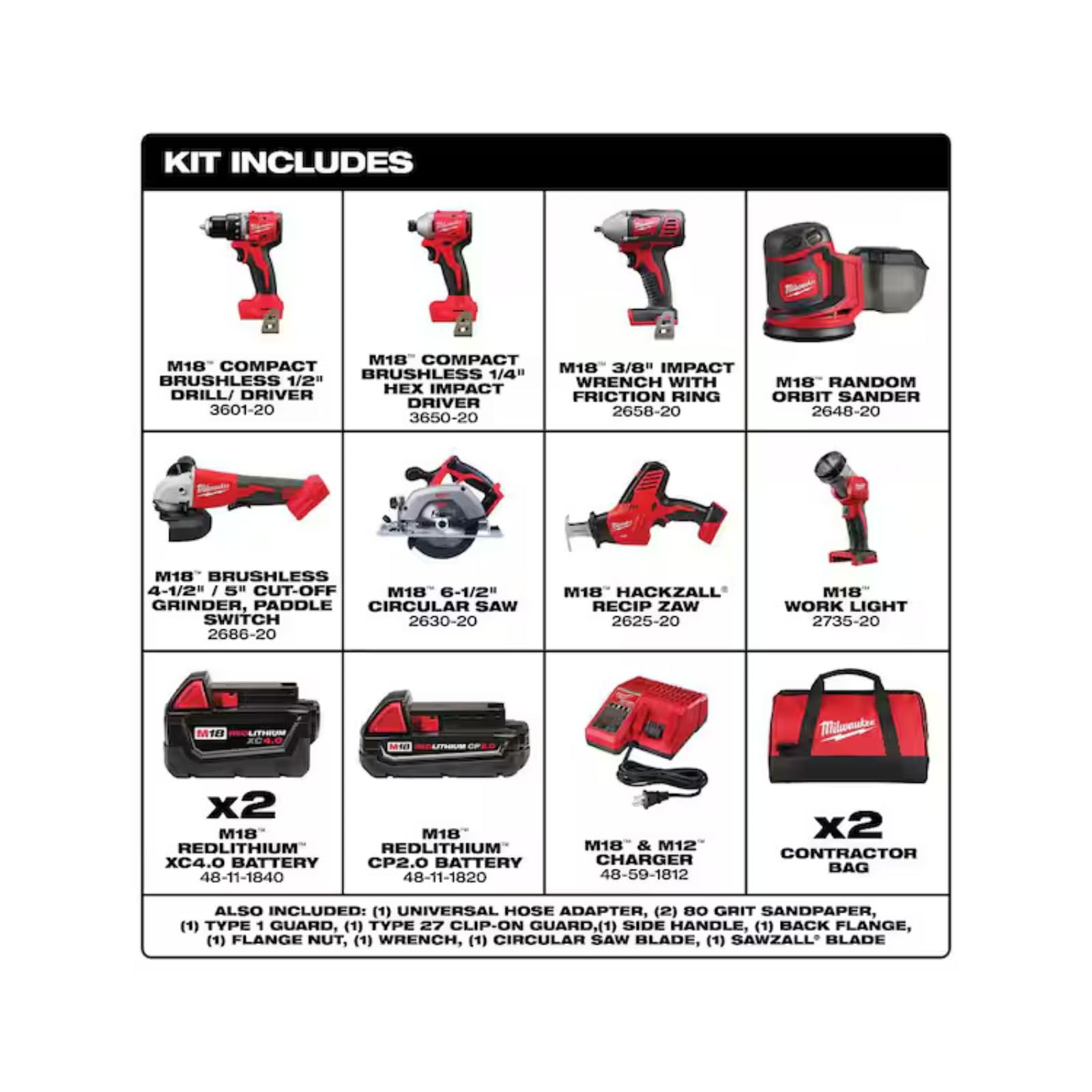 Milwaukee M18 Kit combinado de herramientas eléctricas inalámbricas de 18 V, juego de 8 herramientas, 3 baterías, 2 bolsas de herramientas, cargador incluido