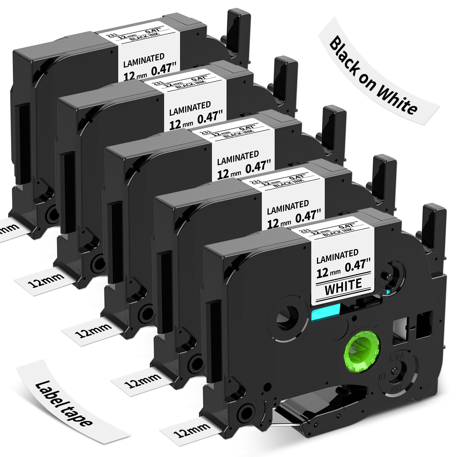 Compatible Label Tape Replacement for Brother Label Printer - TZ Tape TZe-231, 12mm Black on White, 0.47 Laminated Cassette for PT-1000, GL-H105, PT-E110, GL-200, PT-1080, 5 Pack