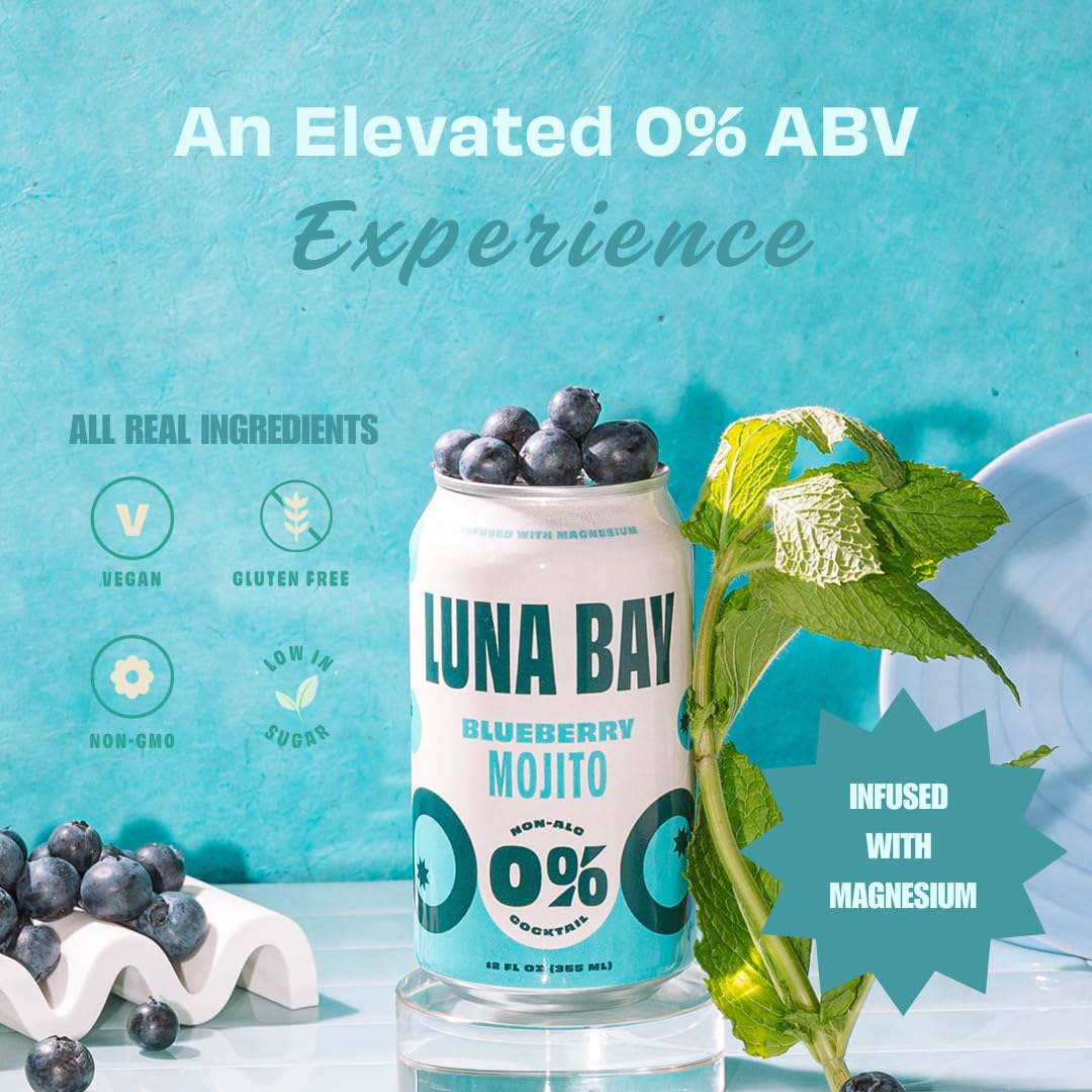 Luna Bay Zero Percent Tea Mocktail - Sparkling Tea Non-Alcoholic Beverage with Yerba Mate & Magnesium Glycinate, Vegan, Low Sugar, Non-GMO and Gluten Free - Blueberry Mint Mojito (12 Pack, 12 fl oz Cans)