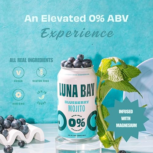 Miniatura 2 de Luna Bay Té sin alcohol Zero Percent - Té espumoso sin alcohol con yerba mate y glicinato de magnesio, vegano, bajo en azúcar, sin OMG y sin gluten,