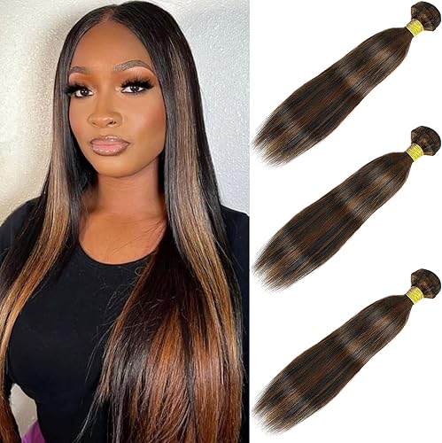 ZLFRJMV Brown Highlight Bundles Human Hair 22 24 26Inch Light Brown Straight Bun