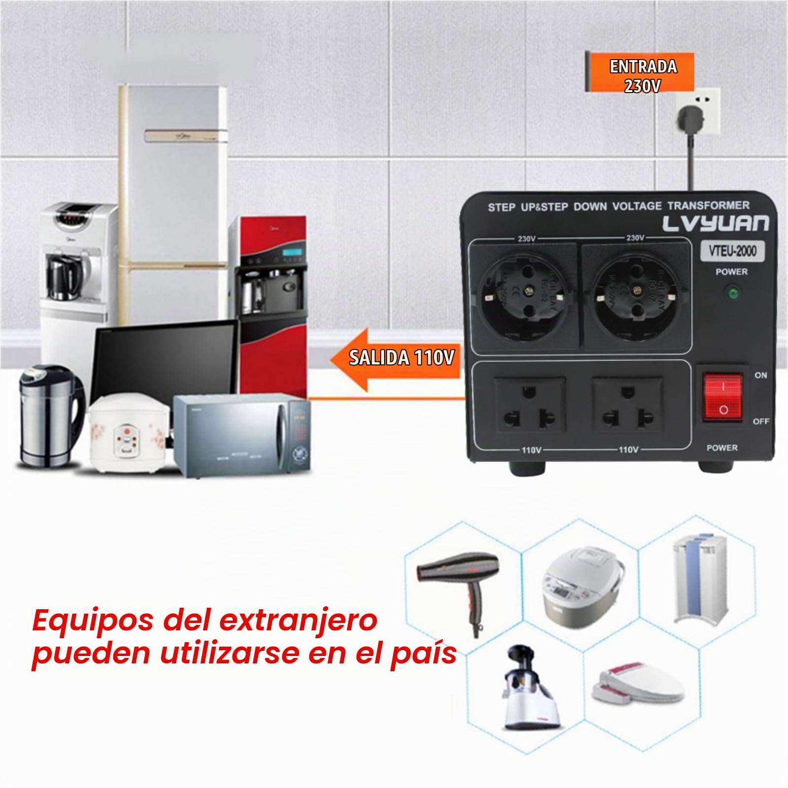 Cantonape 2000W Transformador de conversor de voltaje, Step Up/Down Converter 220/240 voltios - 110/120 voltios 110V -Transformador Elevador/cable de alimentación de la EU