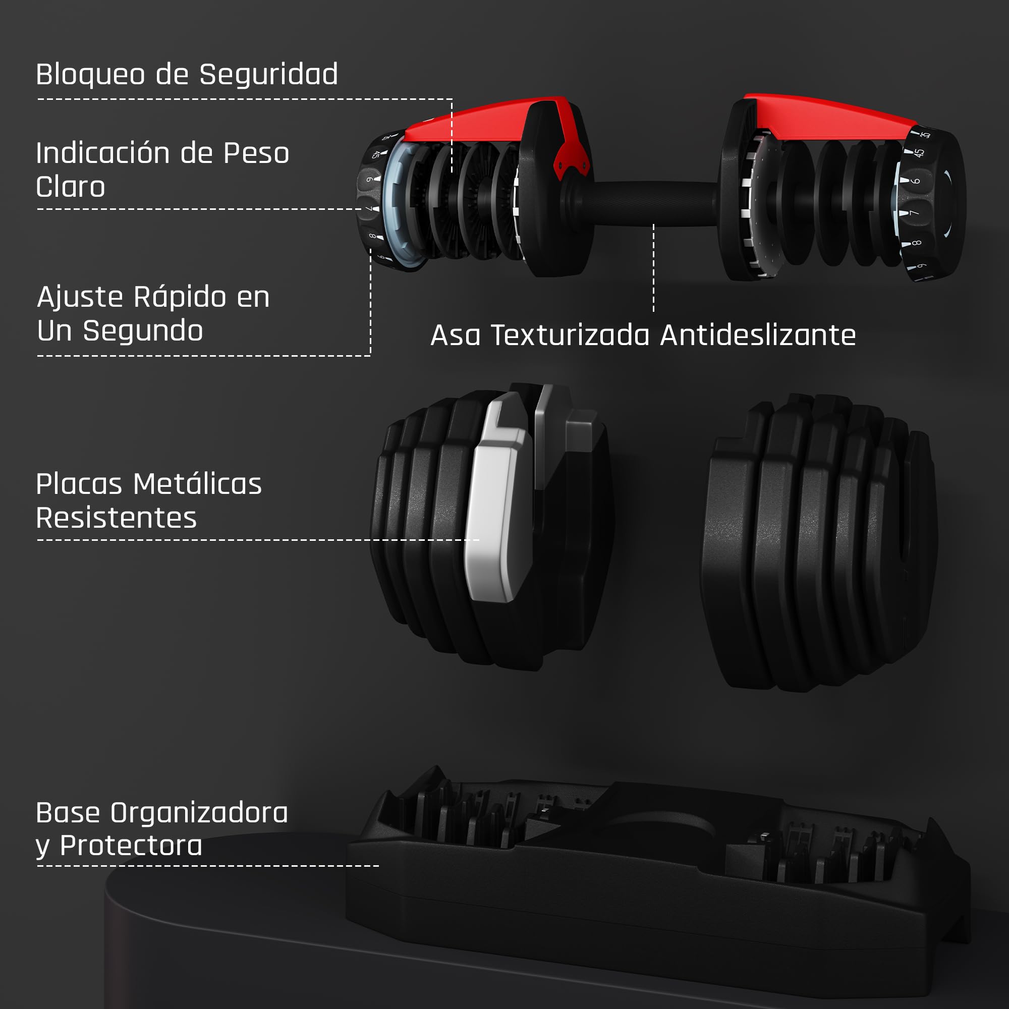 Yaheetech Kit de 1-2pcs Mancuerna Ajustable 5-15 Niveles Rápido 2-25kg Seguridad de Doble Bloqueo, Agarre Antideslizante, Ahorro de Espacio Para Gimnasio en Casa — view 7